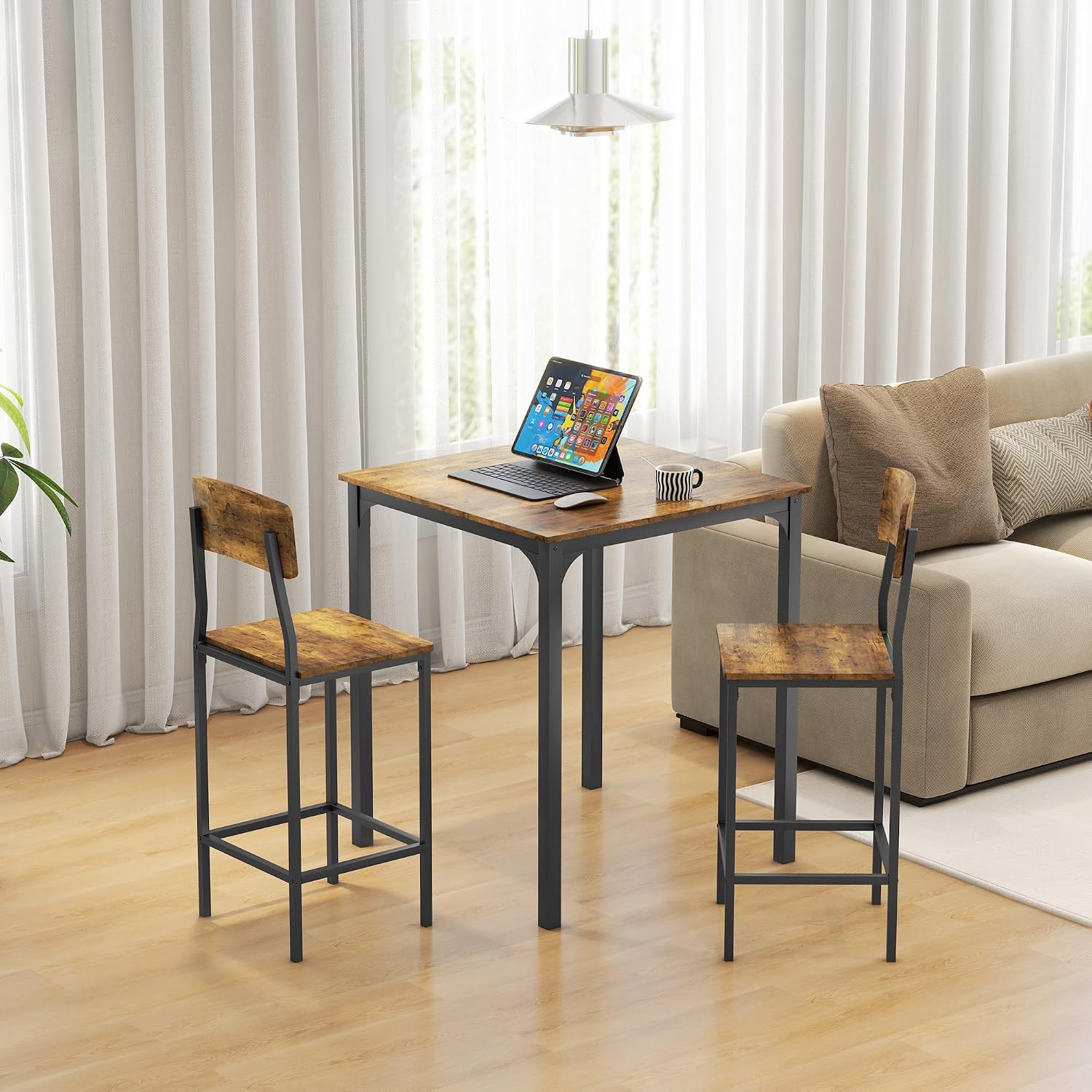 HOMCOM 3-Piece Counter Height Bar Table with Space-Saving Design, Square Kitchen Table and Chairs Set with Footrest, Metal Legs, Industrial Dining Table Set for 2, Rustic Brown and Black