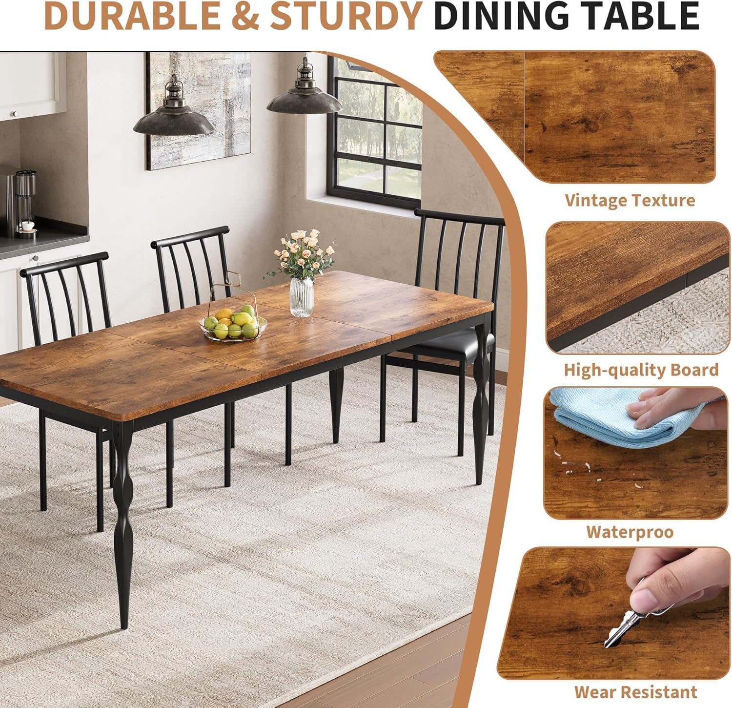 IDEALHOUSE 78 Inch Farmhouse Dining Table for 6-8 People, Rectangular Wood Kitchen Table with Heavy Duty Legs, Kitchen Dining Room Table for Dining Room Kitchen, Brown