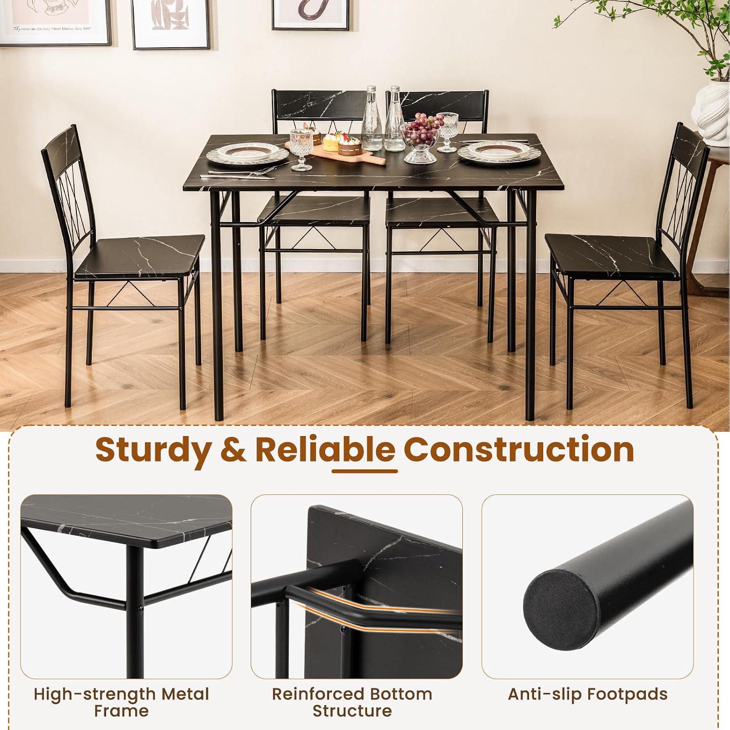 GOFLAME 5-Piece Dining Table Set for 4, Modern Kitchen Table and 4 Chairs with Metal Frame, Space-Saving Dinette Set for Dining Room, Living Room, Breakfast Nook, Small Space, Black