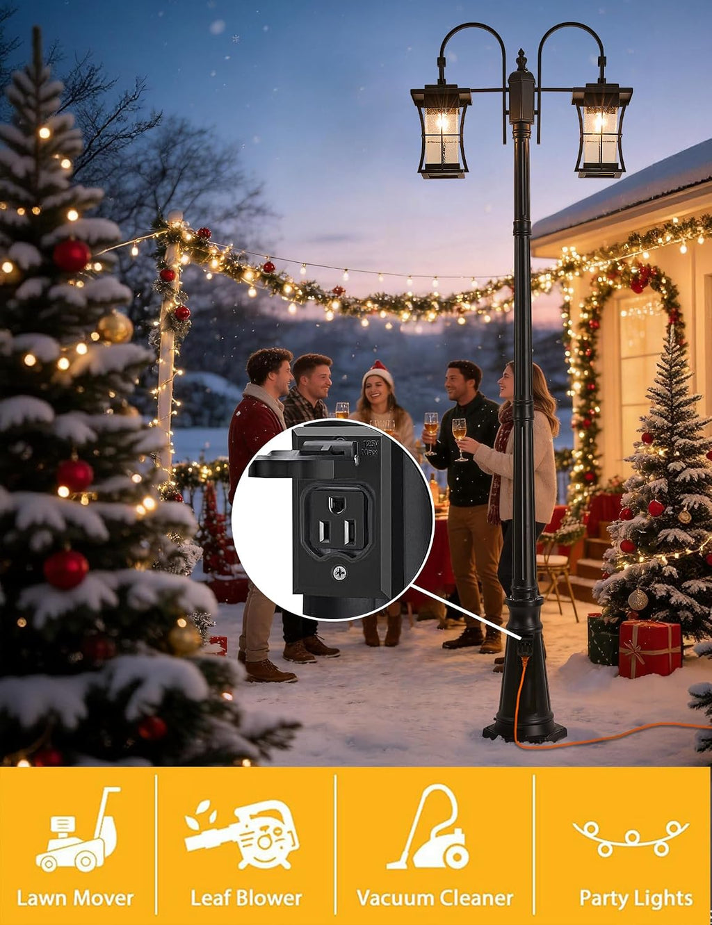 Dusk to Dawn Outdoor Lamp Post Light with Outlet, Electric 2-Head Outdoor Pole Light Farmhouse Street Light Post for Outside Waterproof Black Exterior Pillar Lantern for Garden Patio Driveway