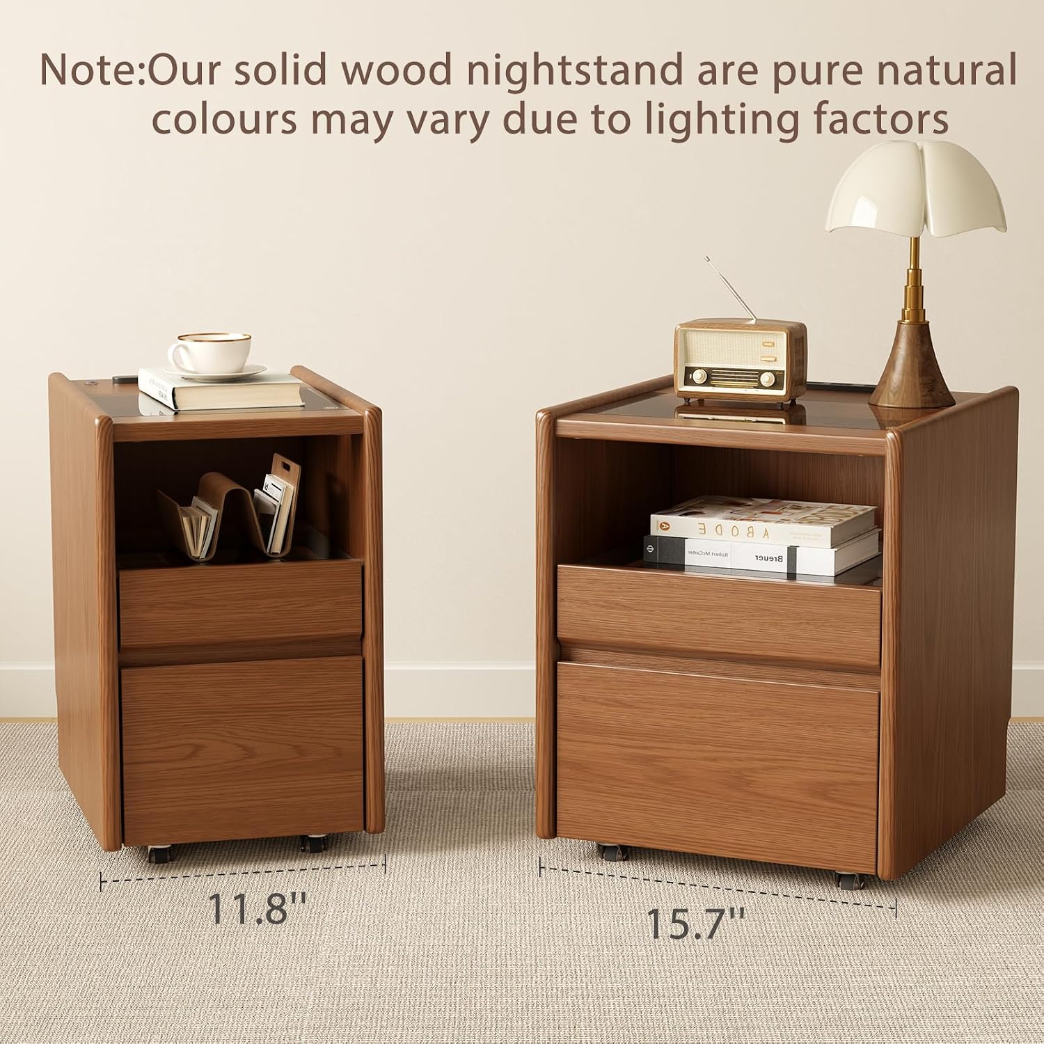 Walnut Nightstand,LED Nightstand with Charging Station,Narrow Bedside Table with Jewelry Box,Small Night Stand with Wheels,Modern Night Stand for Bedroom,Living Room,Dressing Room