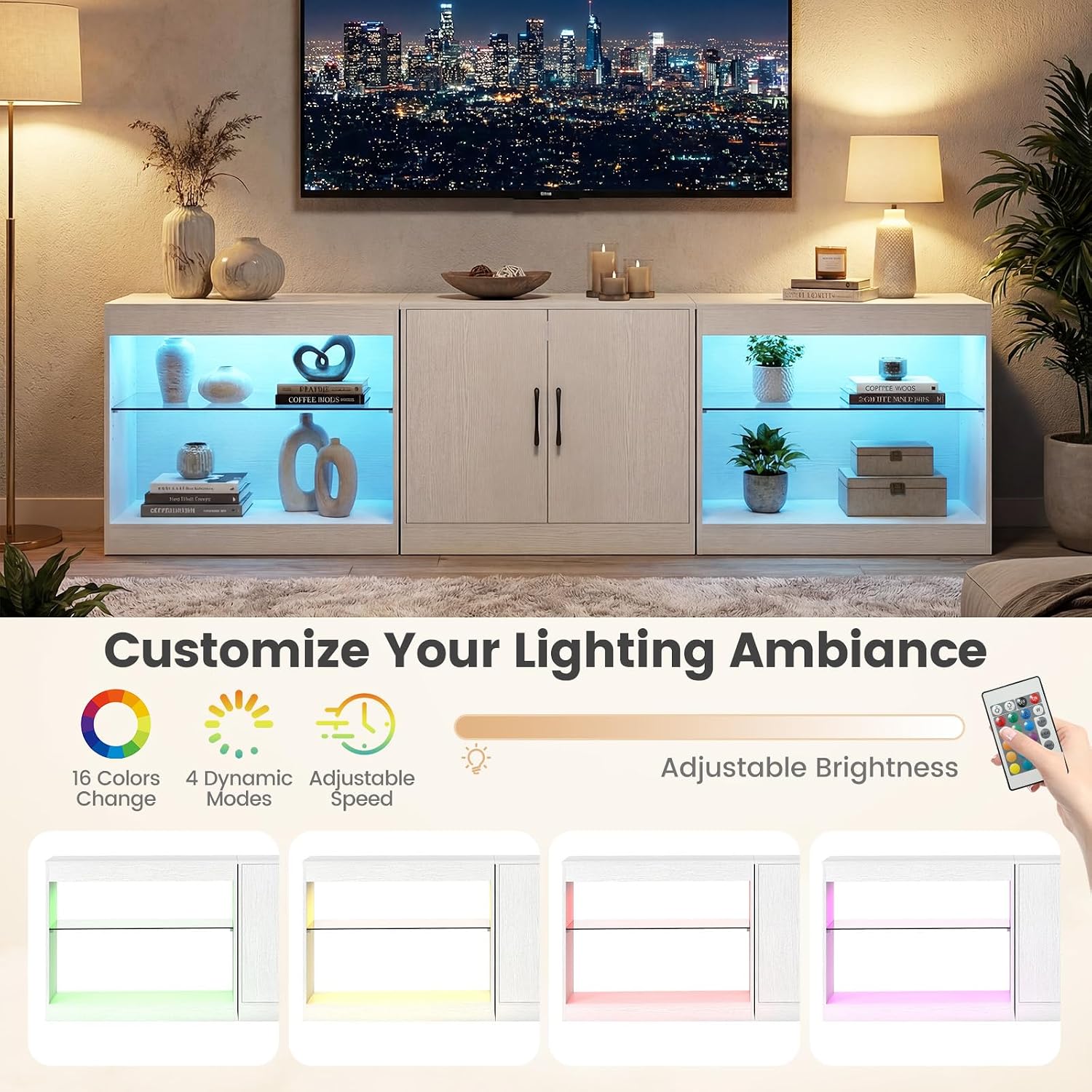 Giantex LED TV Stand for 85 Inch TV, Modern Entertainment Center with Power Outlets, Customizable LED Lights and Adjustable Glass Shelves, Media TV Console Table for Living Room, Bedroom (White)
