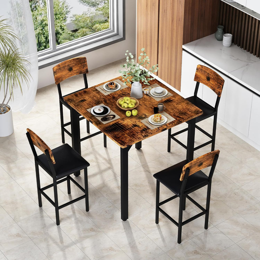 AWQM 5-Piece Dining Table Set, Dining Table Set for 4, Counter Height Table & 4 Bar Stools, Modern Kitchen Dining Set, with Upholstered Chairs, Compact Dining Set for Small Spaces (Walnut Color)