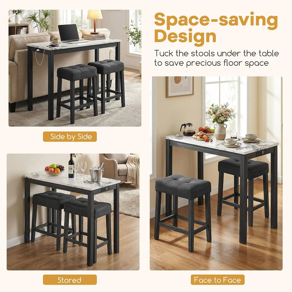 COSTWAY 3-Piece Bar Table Set with Charging Station, Modern Counter Height Breakfast Table w/Faux Marble Top & 2 Padded Stools, Wooden Console Table Set for Living Room, Kitchen, Dining Room (White)