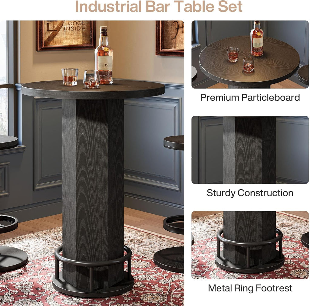 Tribesigns Round Bar Table with Chairs, Industrial Bistro Sets with 2 barstools, Pub Cocktail Table with Metal Ring Footrest for Kitchen Nook, Apartment, Small Space