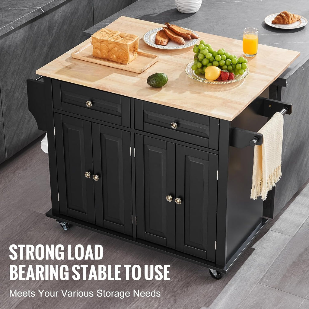 VEVOR Kitchen Island Cart, 35' Wood Top Mobile Carts with Storage Cabinet, Rolling Table with Drop Leaf, Spice Rack, Towel Bar, Adjustable Shelf, Drawer, and Hooks, Portable Islands on Wheels, Black