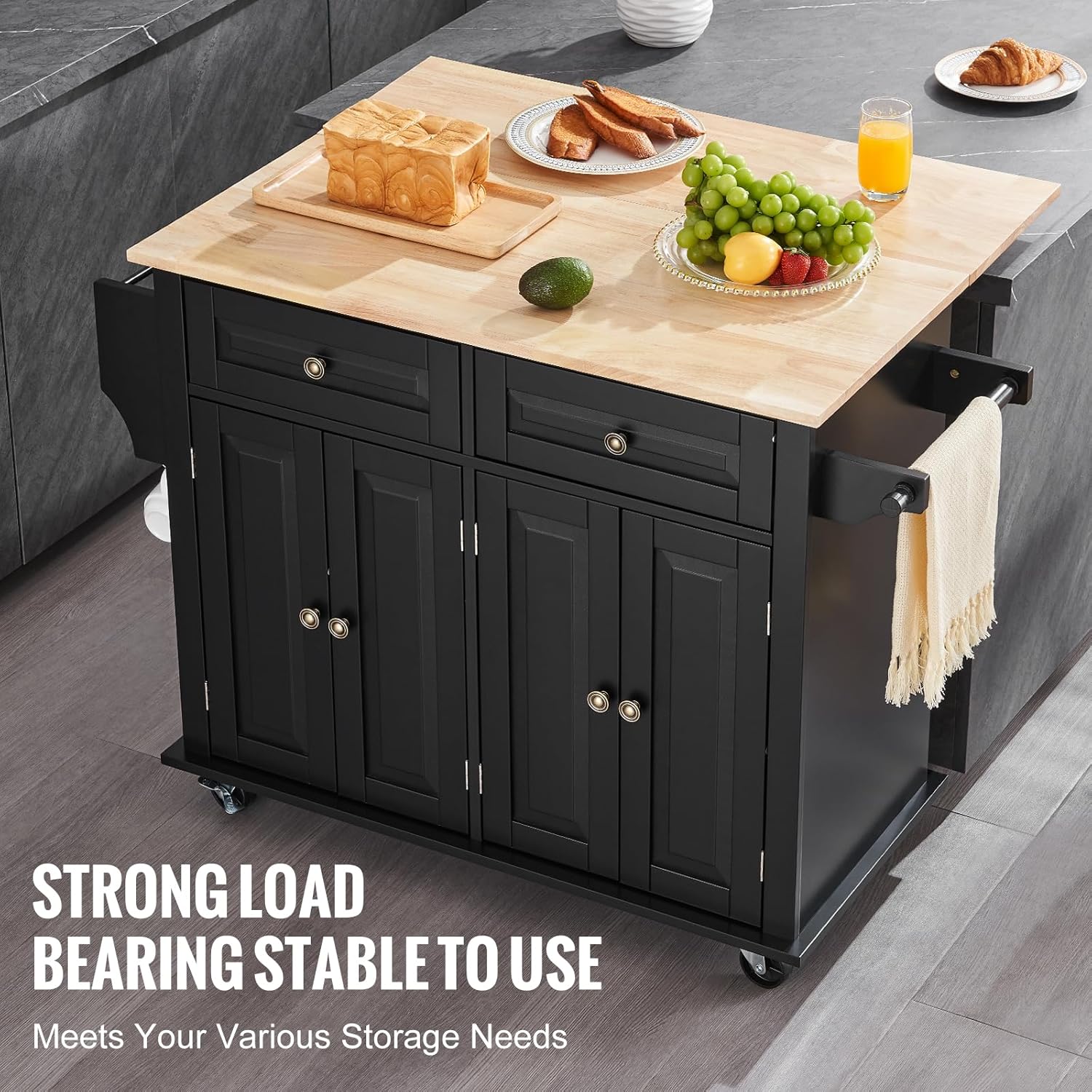 VEVOR Kitchen Island Cart, 35' Wood Top Mobile Carts with Storage Cabinet, Rolling Table with Drop Leaf, Spice Rack, Towel Bar, Adjustable Shelf, Drawer, and Hooks, Portable Islands on Wheels, Black