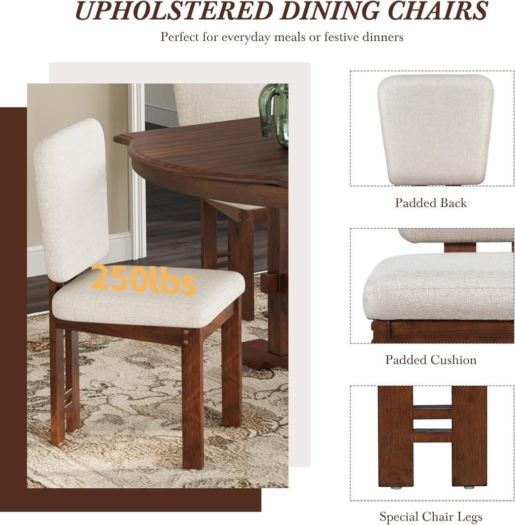 Merax 6 Pieces Dining Table Set, Extendable Wood Dining Room Set with Bench, Kitchen Table Set with Removable Leaf and 4 Upholstered Dining Chairs, Espresso+Beige