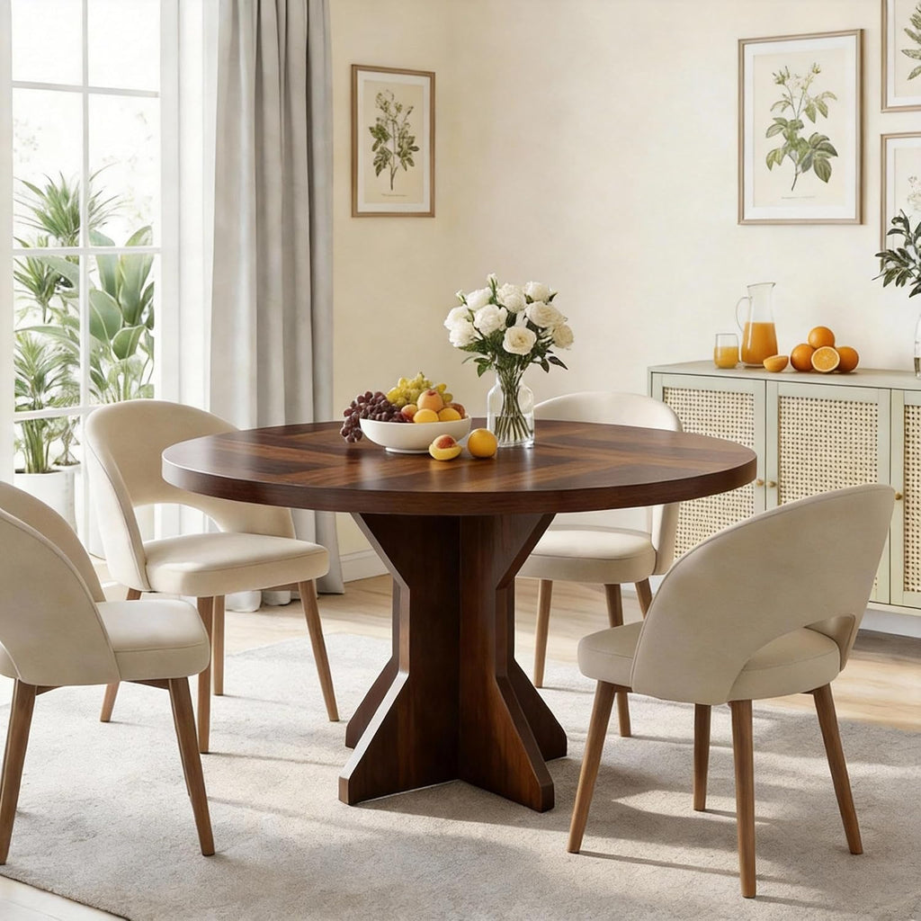 IDEALHOUSE Round Dining Table, 47' Kitchen Table for 4-6 People, Circle Tables with Sturdy Pedestal Base, Space Saving Dinning Room Furniture for Living Room, Kitchen, Apartment, Walnut