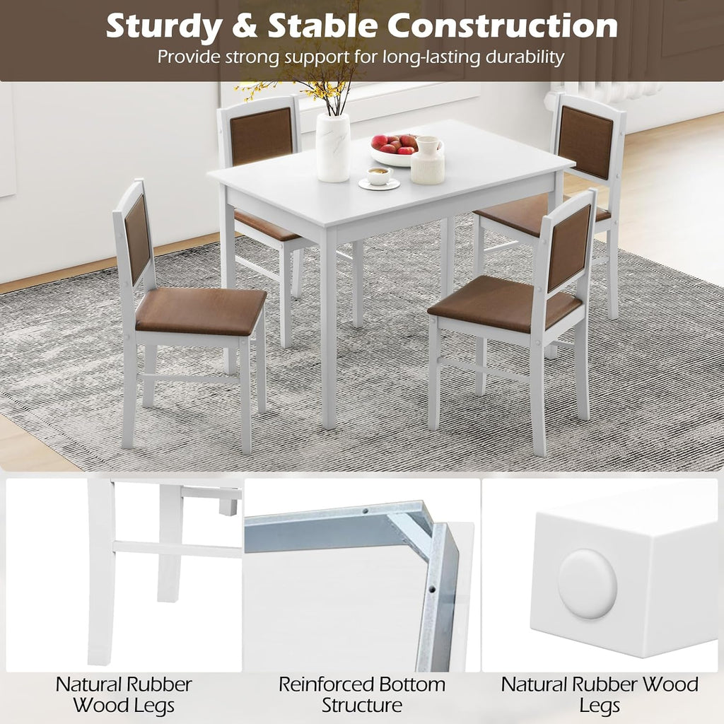 Tangkula Dining Table Set for 4, Farmhouse Solid Wood Dinette Set w/Rubber Wood Legs, Upholstered Seat & Padded Backrest, Mid-Century Modern Dining Table and Chairs Set for Kitchen, Dining Room