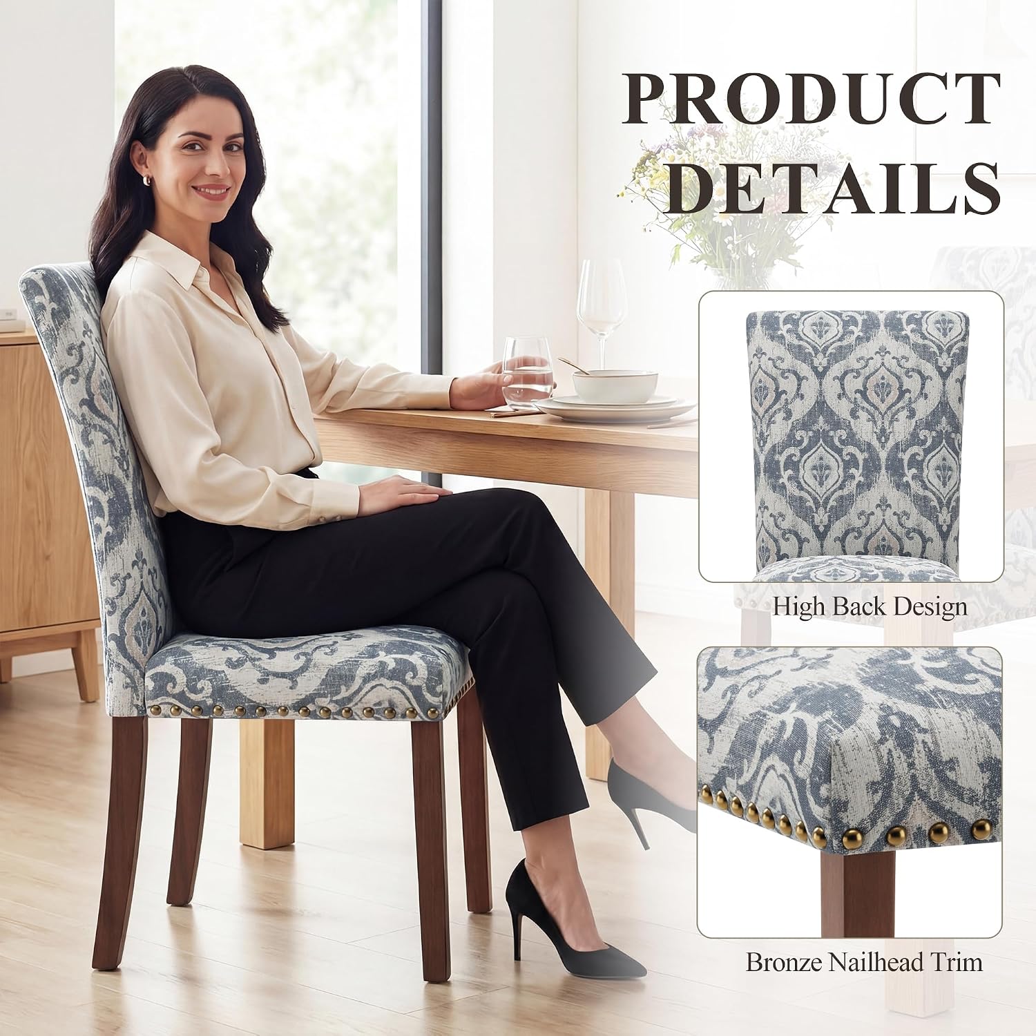 COLAMY Upholstered Parsons Dining Chairs Set of 6, Fabric Dining Room Kitchen Side Chair with Nailhead Trim and Wood Legs - Blue/White Flower