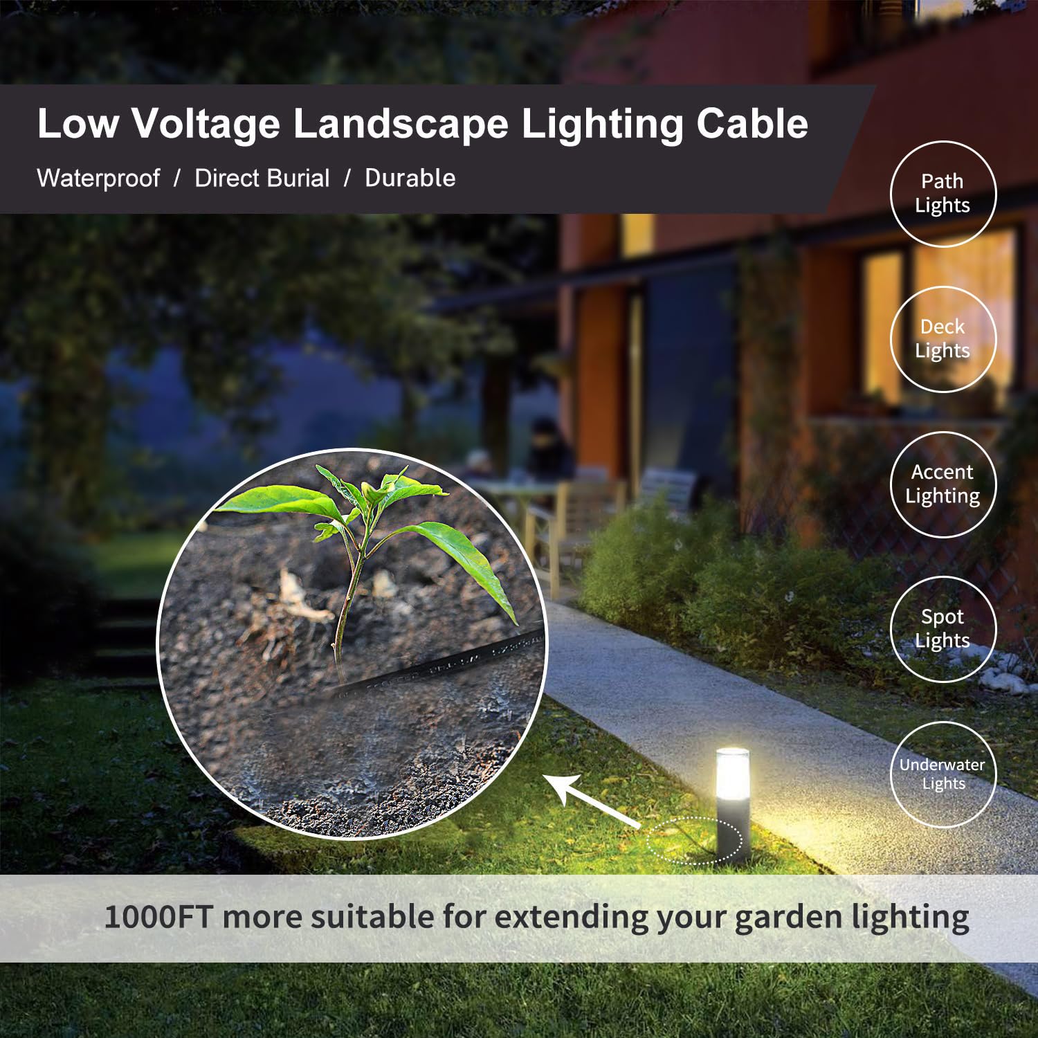 FIRMERST 16/2 Pure Copper Low Voltage Landscape Wire Outdoor Lighting Cable 1000 Feet
