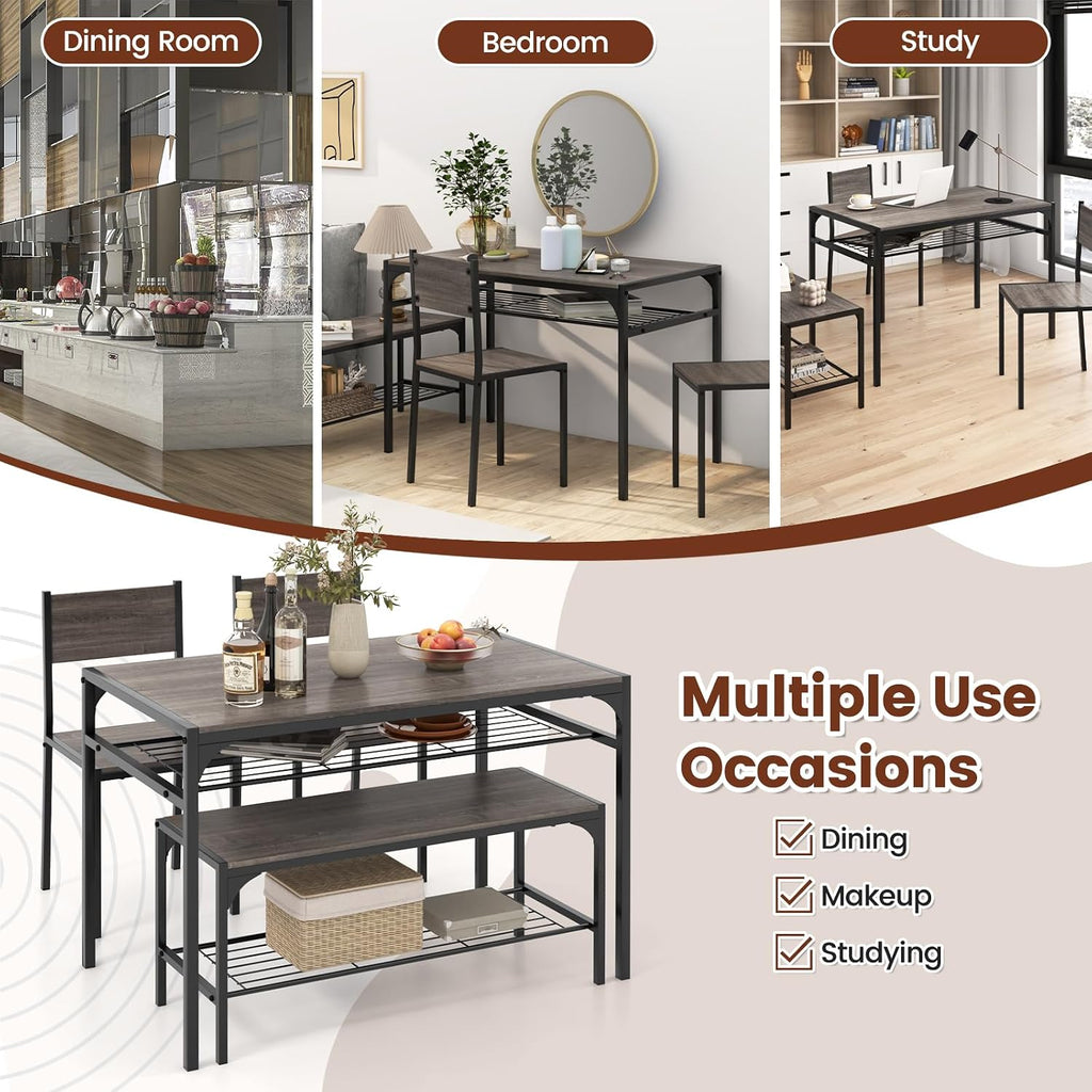 COSTWAY 4 Pieces Dining Table Set, Kitchen Table and 2 Chairs for 4 with Bench, Storage Racks, Metal Frame & Space-saving Design, Industrial Kitchen Table Set for Small Space, Apartment (Black & Grey)