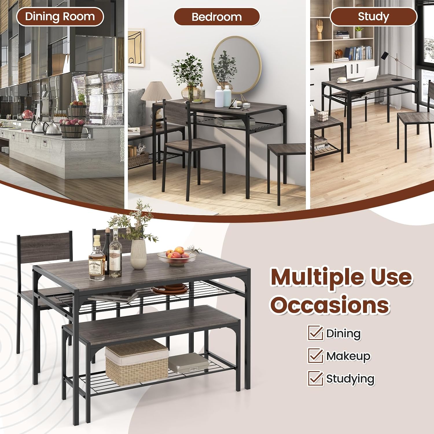 COSTWAY 4 Pieces Dining Table Set, Kitchen Table and 2 Chairs for 4 with Bench, Storage Racks, Metal Frame & Space-saving Design, Industrial Kitchen Table Set for Small Space, Apartment (Black & Grey)
