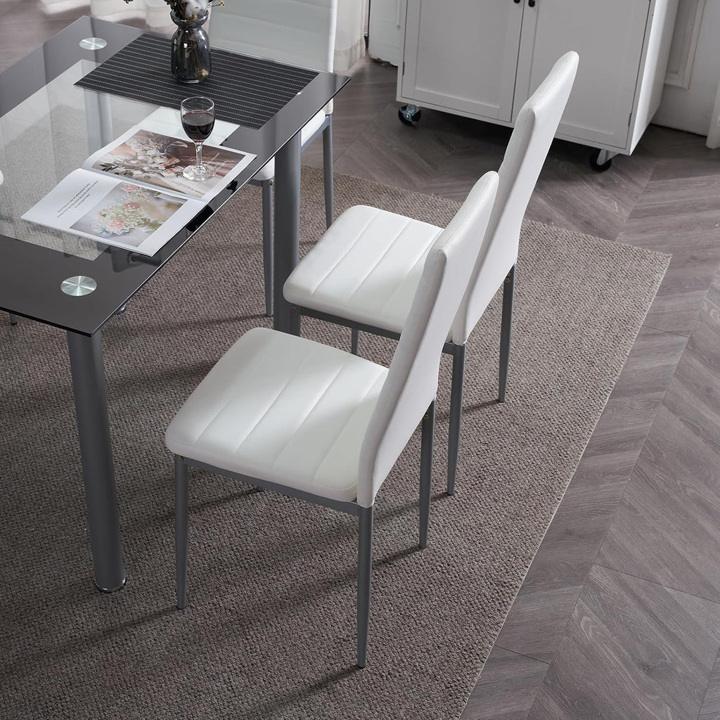 Karl home 5-Piece Glass Dining Table Set with Glasses Table and 4 Leather Chairs for Kitchen, Breakfast, Living Room; Space Saving(White Glass)