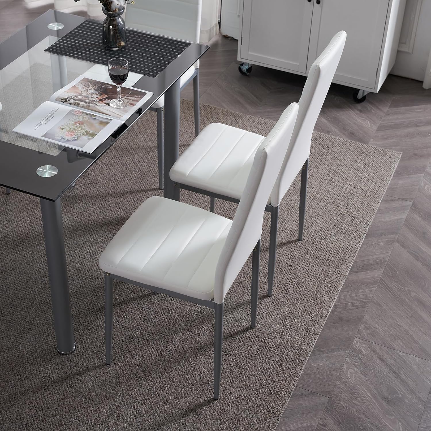 Karl home 5-Piece Glass Dining Table Set with Glasses Table and 4 Leather Chairs for Kitchen, Breakfast, Living Room; Space Saving(White Glass)