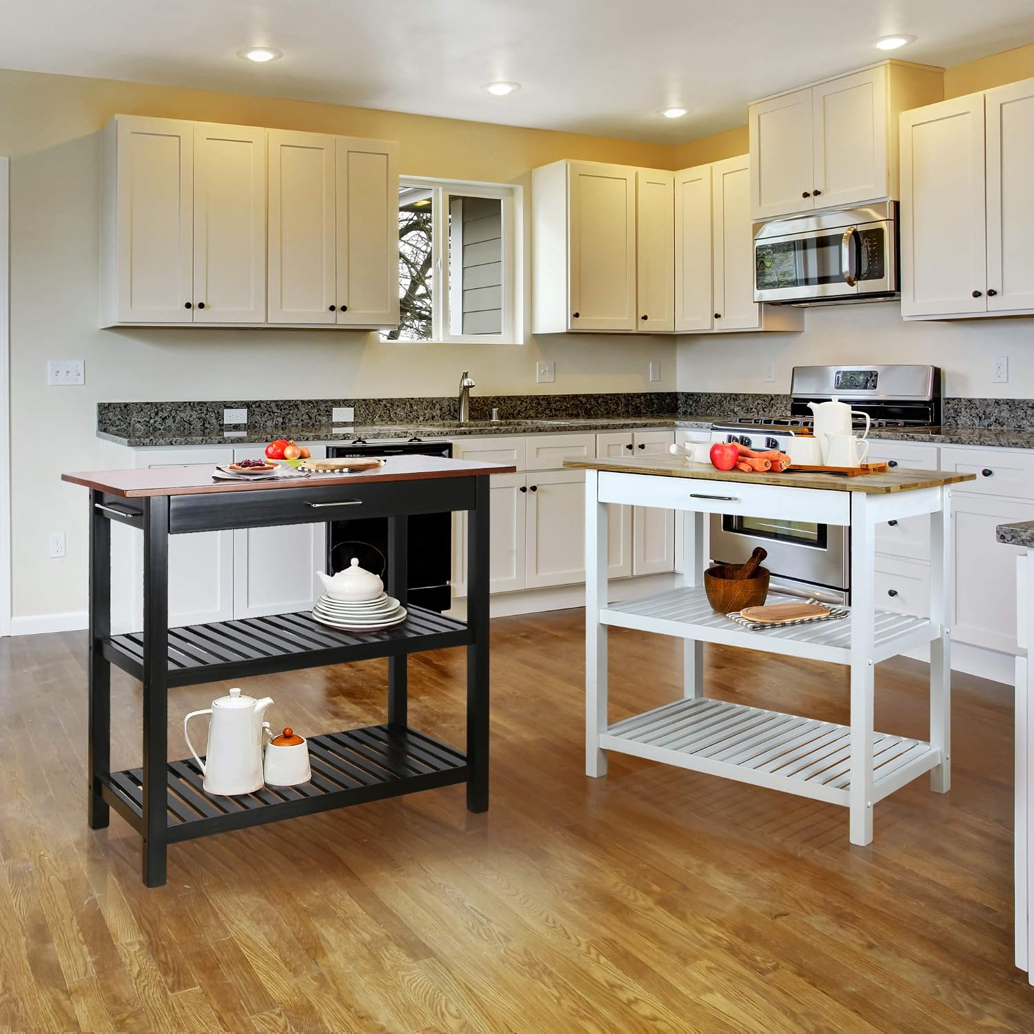 Casual Home Kitchen Island with Solid American Hardwood Top, Walnut&black
