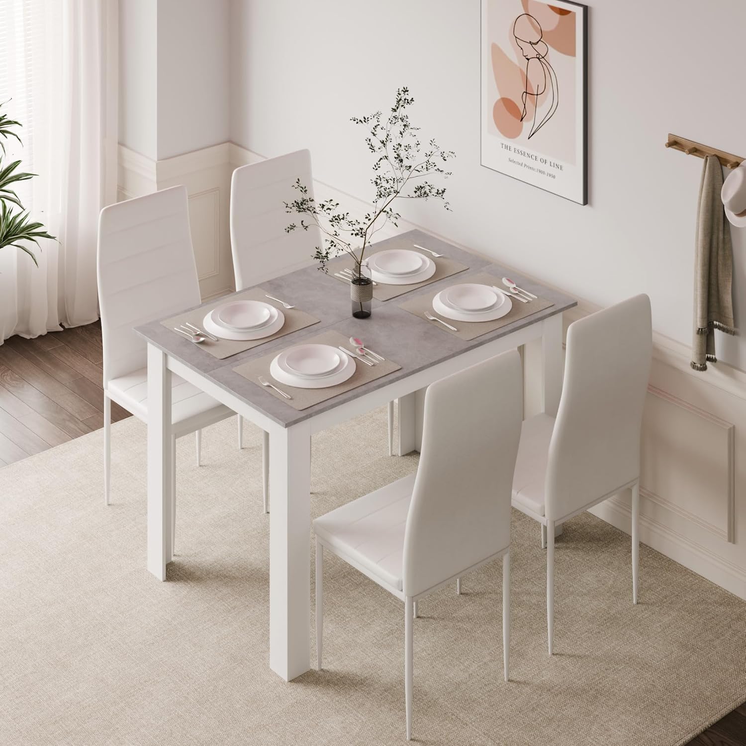 Mondeer Dining Table Set for 4, Kitchen Table Chairs with High Back Faux Leather, Space-Saving Dining Room and Home Office Set, 47.2 x 35.4 x 29.5'' (Grey Table and White Chairs)