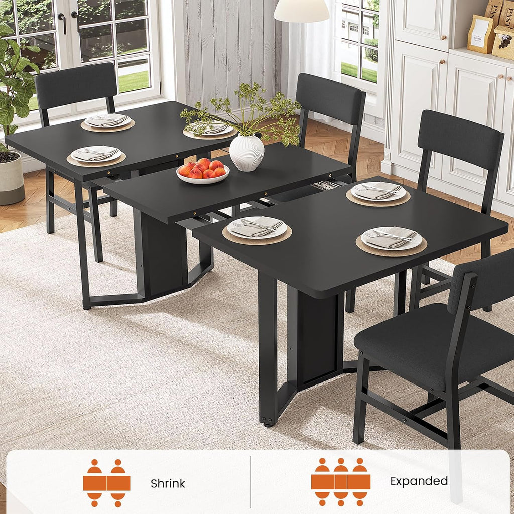Itaar 5-Piece Dining Table Set for 4-6 People, 63' Extendable Kitchen Table and 4 Cushion Chairs, Dining Room Table with MDF Board & Metal Frame for Small Space, Easy Clean, Black