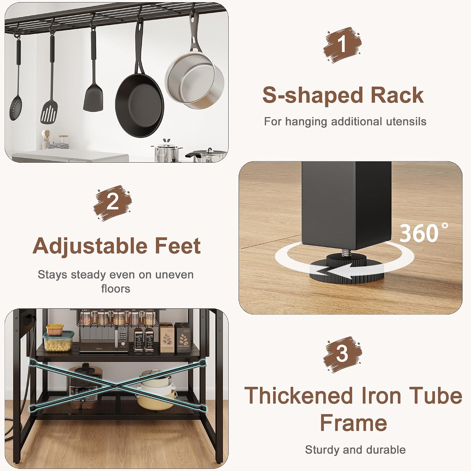 46' Large Kitchen Island Table Baker Rack with Power Outlet and 3-Tier Storage-Microwave Stand Oven Shelf, Metal Coffee Bar Table,Kitchen Storage Shelf for Dining Living Room, 5 Hooks,Grey