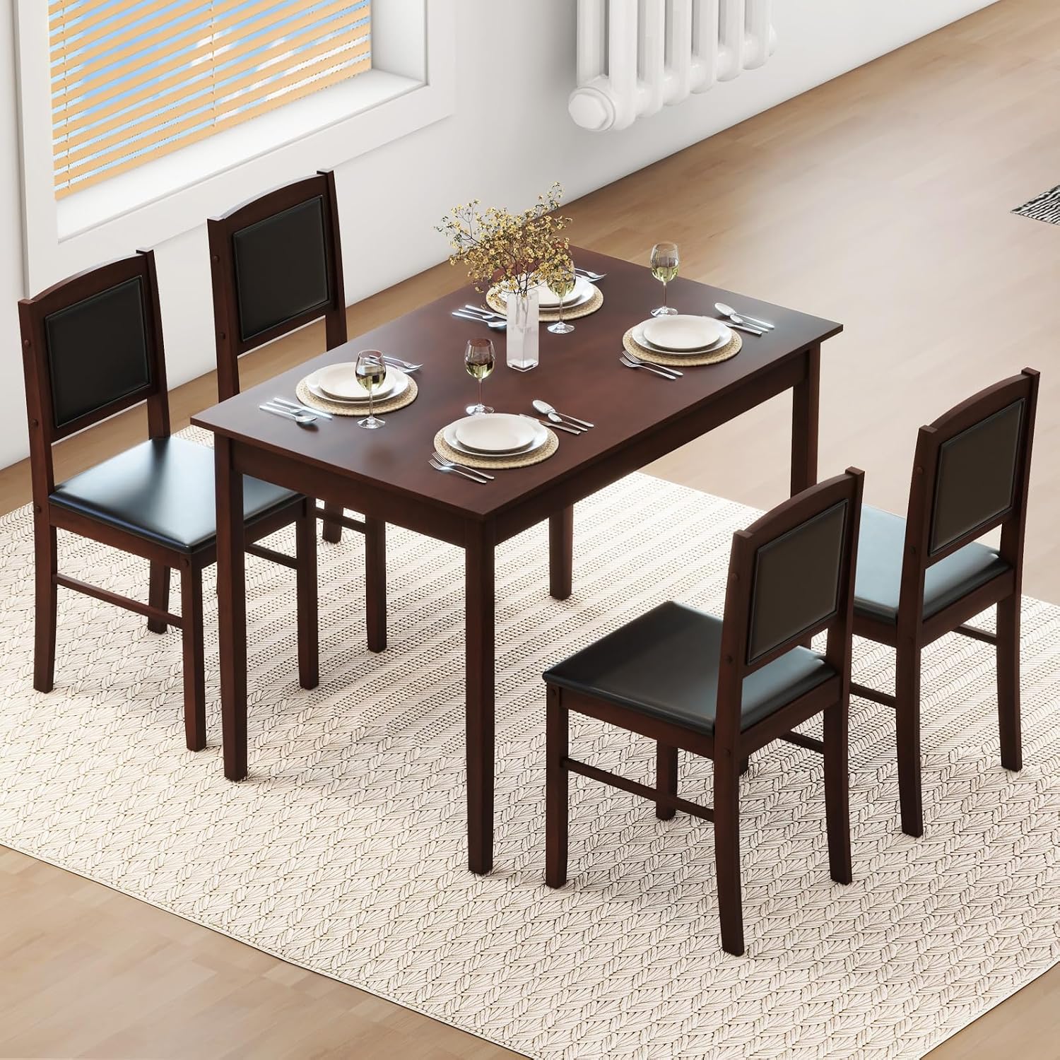 NAFORT 5 Piece Dining Table Set for 4, Farmhouse Solid Wood Kitchen Table Chairs Set of 4, Mid-Century Modern Dinette Set w/Upholstered Dining Chairs, 4 Seat Dining Room Table for Kitchen,Office