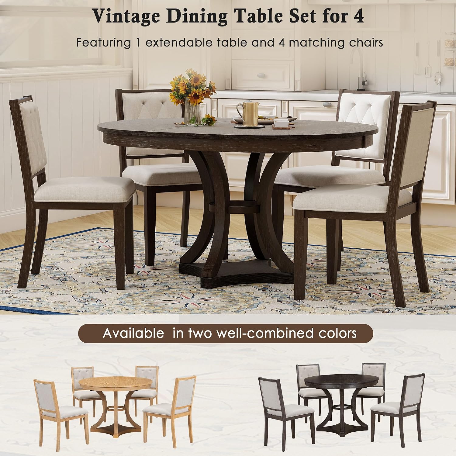 Bellemave Extendable Dining Table Set for 4, 5-Piece Retro Round Table Set with 4 Upholstered Chairs, Round Table with a 16' W Leaf, Oval Kitchen Table Set with Extendable Table (Espresso)