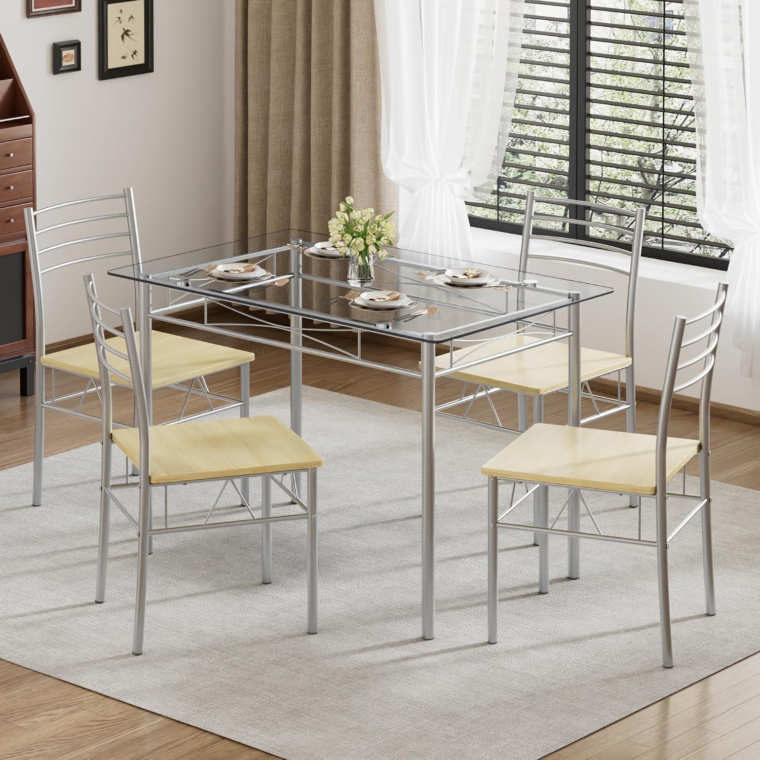 VECELO Dining Table Set for 4, 5-Piece Glass Kitchen Table with Chairs for Small Space, Breakfast Nook, Space-Saving, Silver