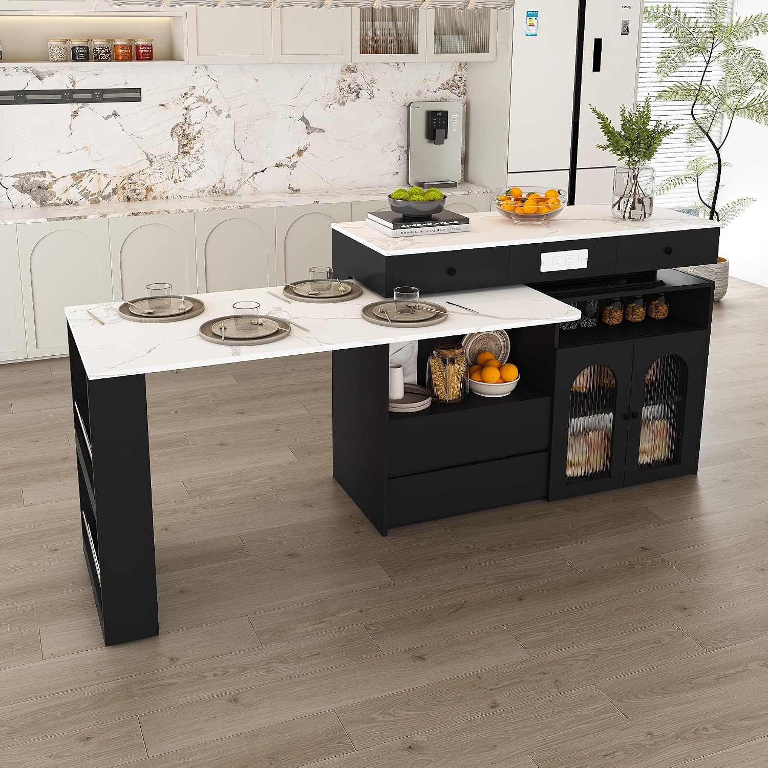 KEIKI Kitchen Island with Extendable & Rotating Table, Expandable Dining Station for 2-4, Kitchen Storage Islands with 4 Drawers & Glass Door Cabinets & Built-in Socket for Dining Room, Black