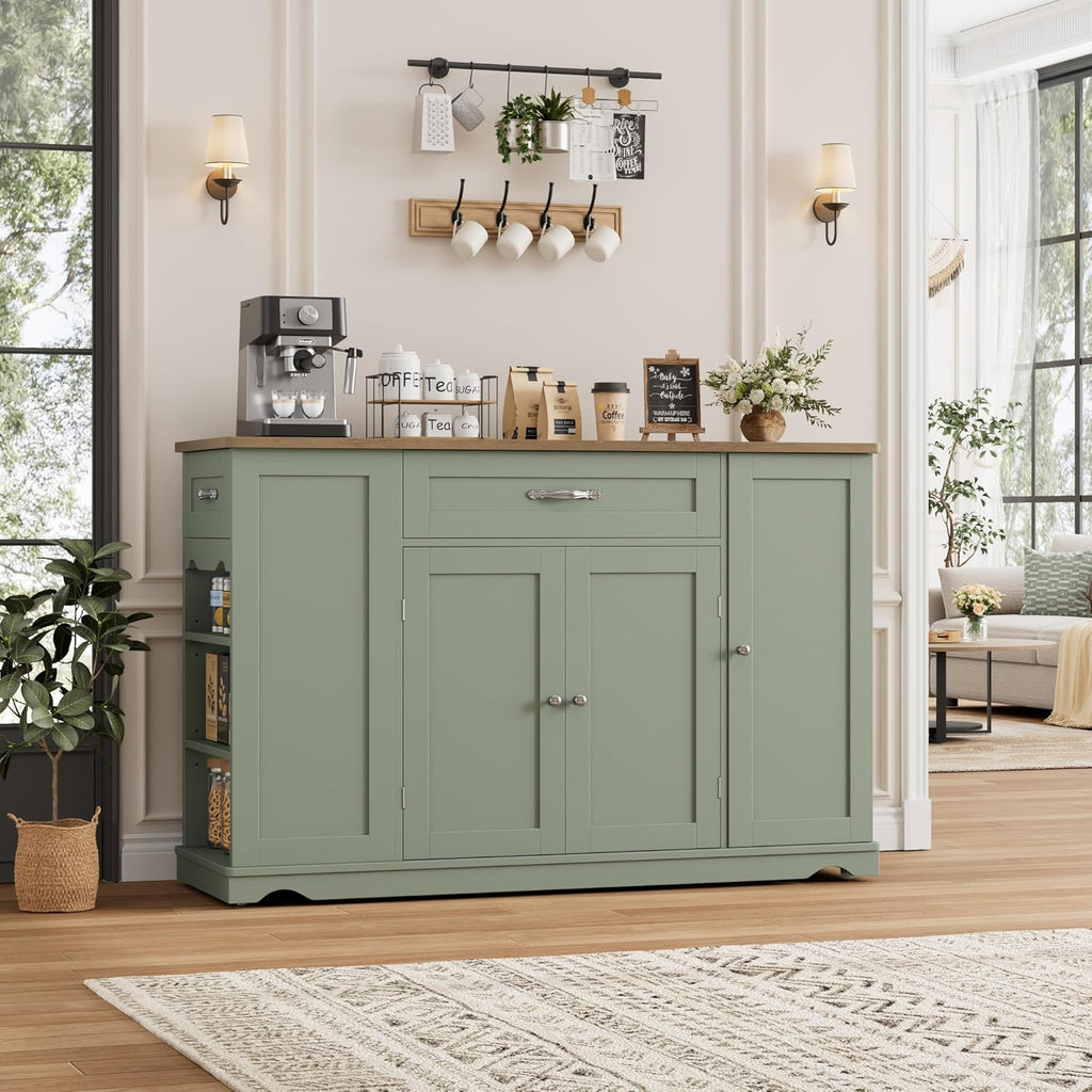 HOSTACK Kitchen Island Cart with Storage, 47'' Kitchen Storage Island on Wheels with 2 Drawers, Rolling Island Table with Adjustable Shelves, Mobile Buffet Sideboard Cabinet for Dining Room, Green
