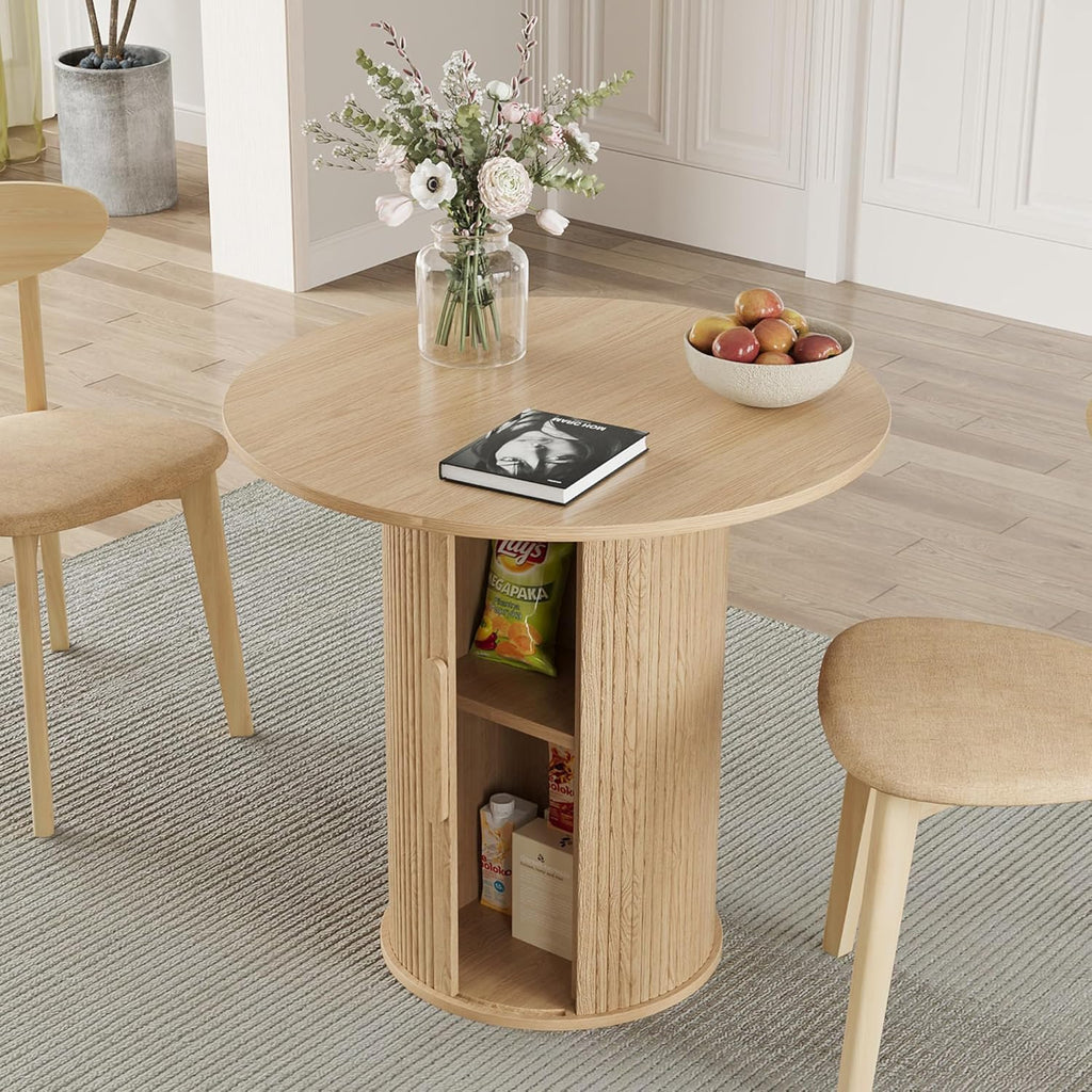 31.5' Round Dining Table for 2-4, Modern Farmhouse Kitchen Table with 2-Tier Storage Shelf, Small Wooden Circle Dining Tables with Fluted Base for Home Dining Room Living Room (Natural)
