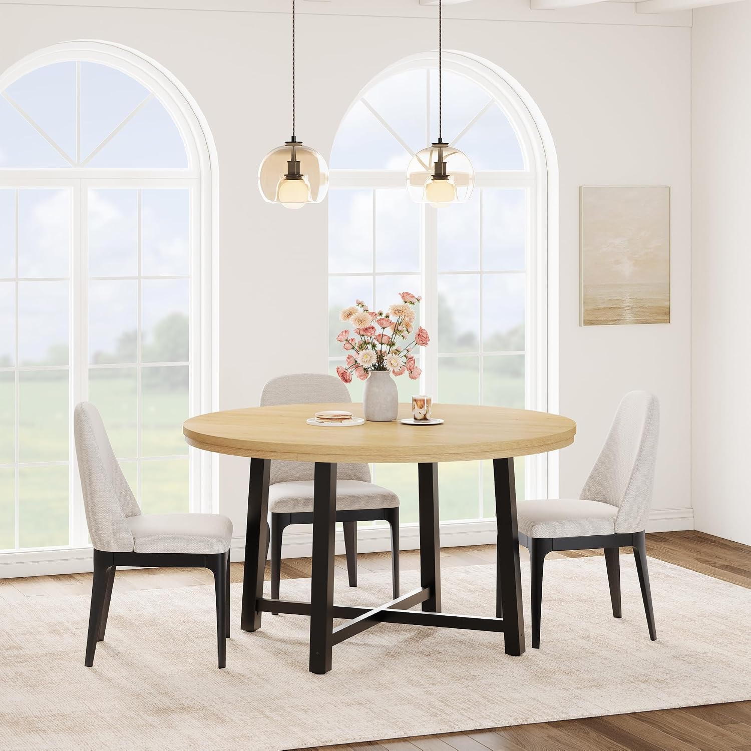 IDEALHOUSE 47' Round Dining Table for 4, Kitchen Dining Room Table with Sturdy Metal Frame, Wood Circle Kitchen Table for Space Saving - Natural Oak (No Chairs)