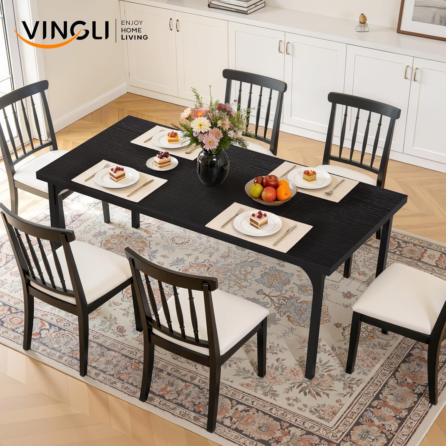 VINGLI Large Dining Table for 8, 70.8in Long Kitchen Table, Rectangular Dinner Table for Dining Room, Farmhouse Wood Kitchen Table for Family Home Office, Black