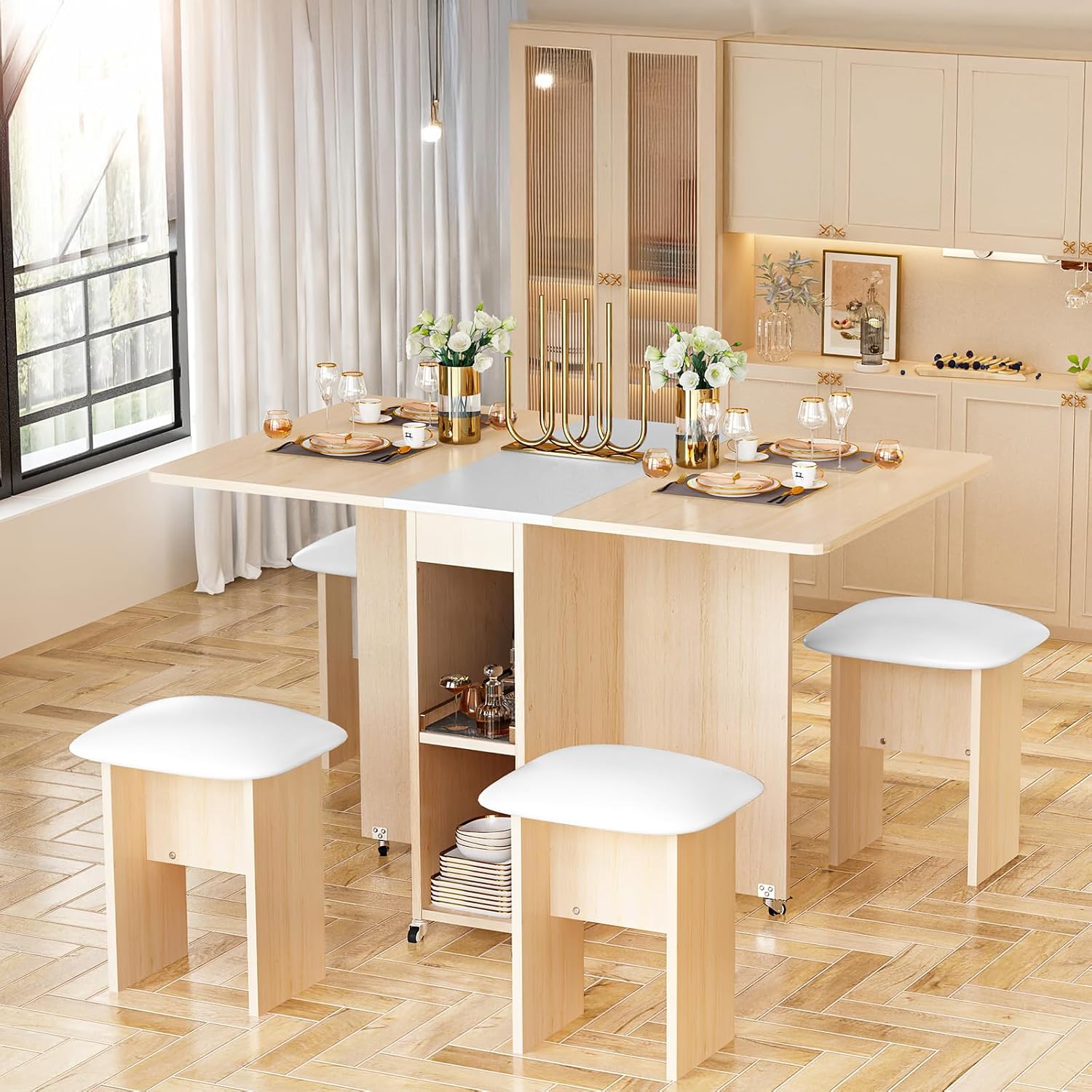 AWQM Foldable Dining Table Set for 4,Folding Dining Table with 4 Leather Chairs & Storage,Drop Leaf Dinner Table with 6 Wheels,Folding Kitchen Table and Chairs Set for Small Spaces, Beige White
