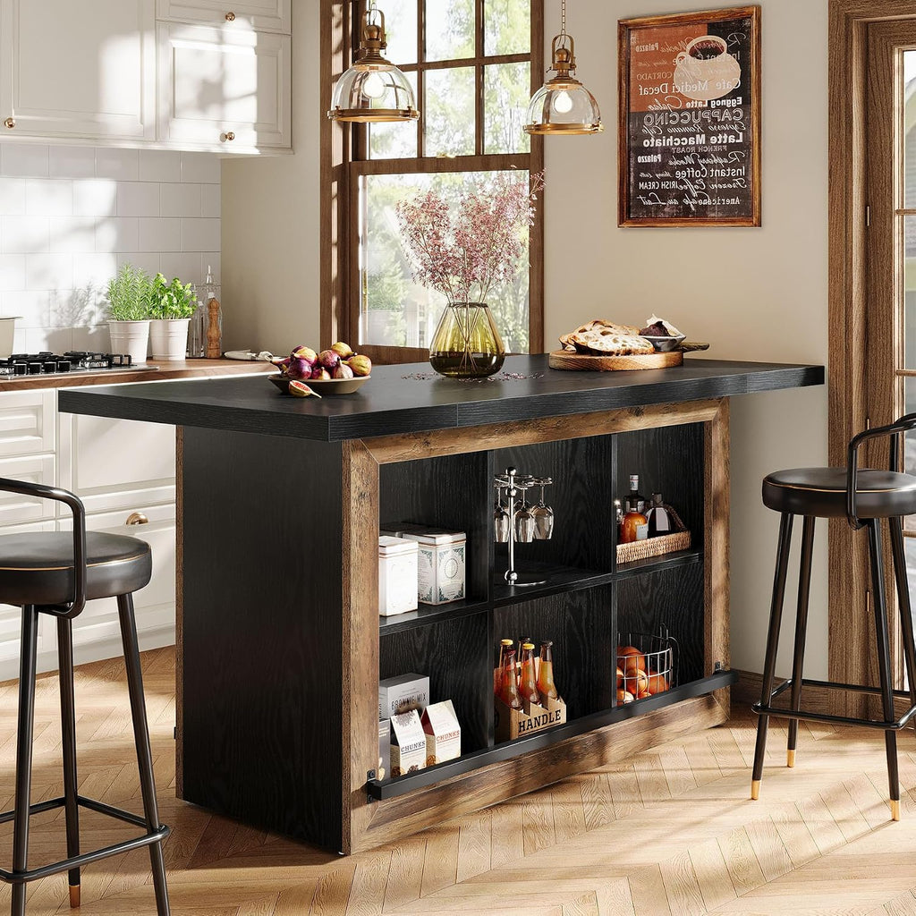 Tribesigns Kitchen Island with Storage, Counter Height Kitchen Island Table with 6 Open Cubbies and Footrests, Coffee Bar Table for Dining Room, Black&Brown
