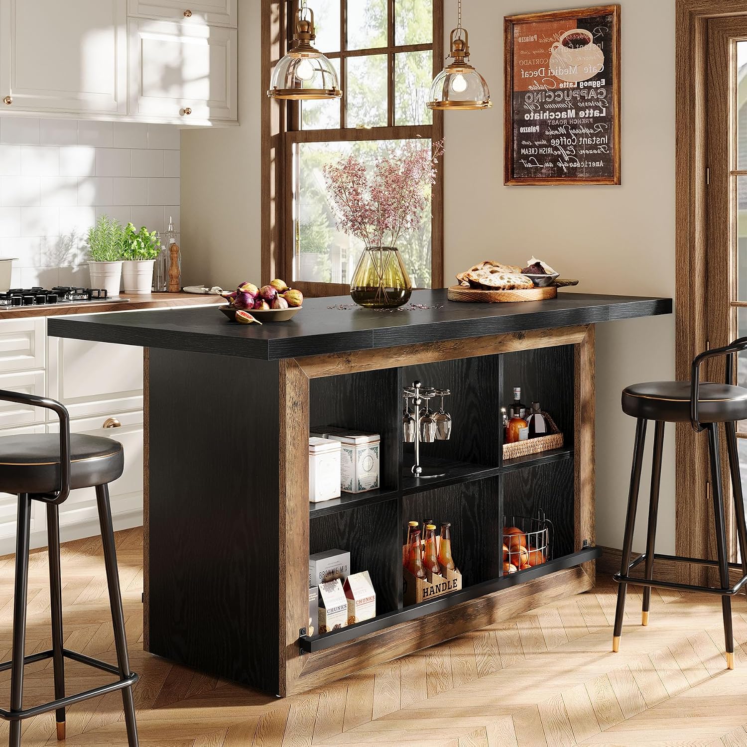 Tribesigns Kitchen Island with Storage, Counter Height Kitchen Island Table with 6 Open Cubbies and Footrests, Coffee Bar Table for Dining Room, Black&Brown