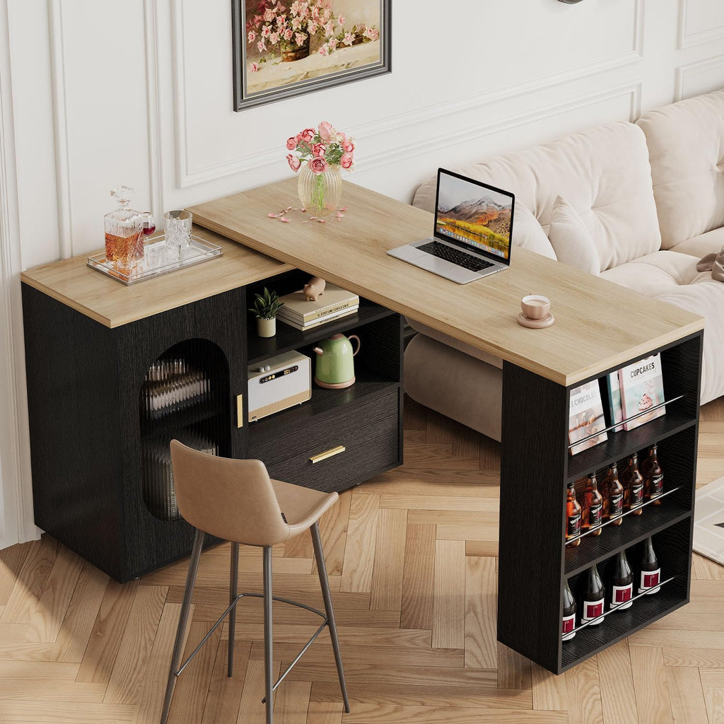 HSH 72' Rolling Kitchen Island with Seating, 360° Swivel Table, Kitchen Island with Storage Cabinet, Drawer & Shelves, Farmhouse Mobile Island Cart on Wheels for Dining Room & Home Bar, Black Oak