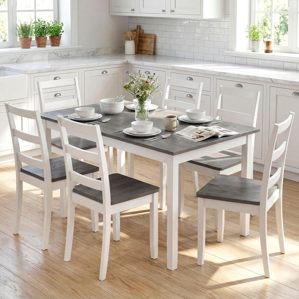 Tangkula Dining Table Set for 6, Solid Wood, Farmhouse Dinette Set w/Rubber Wood Legs, Mid-Century Modern, Compact Dining Table and Chairs Set for Kitchen, Dining Room (Grey)