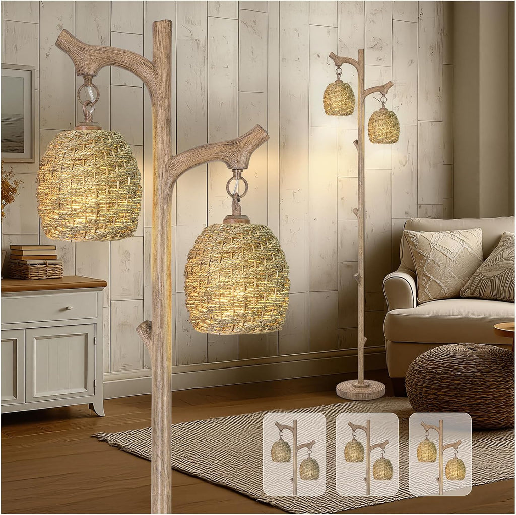Scenekoy Vintage 68' Tall Floor Lamp with Straw Rope Woven Shade, Retro Resin Standing Lamp Tree Trunk Finish, Dimmable Corner Lamp Stand Up Light with Bulb Prefer for Living Room Bedroom Home Decor