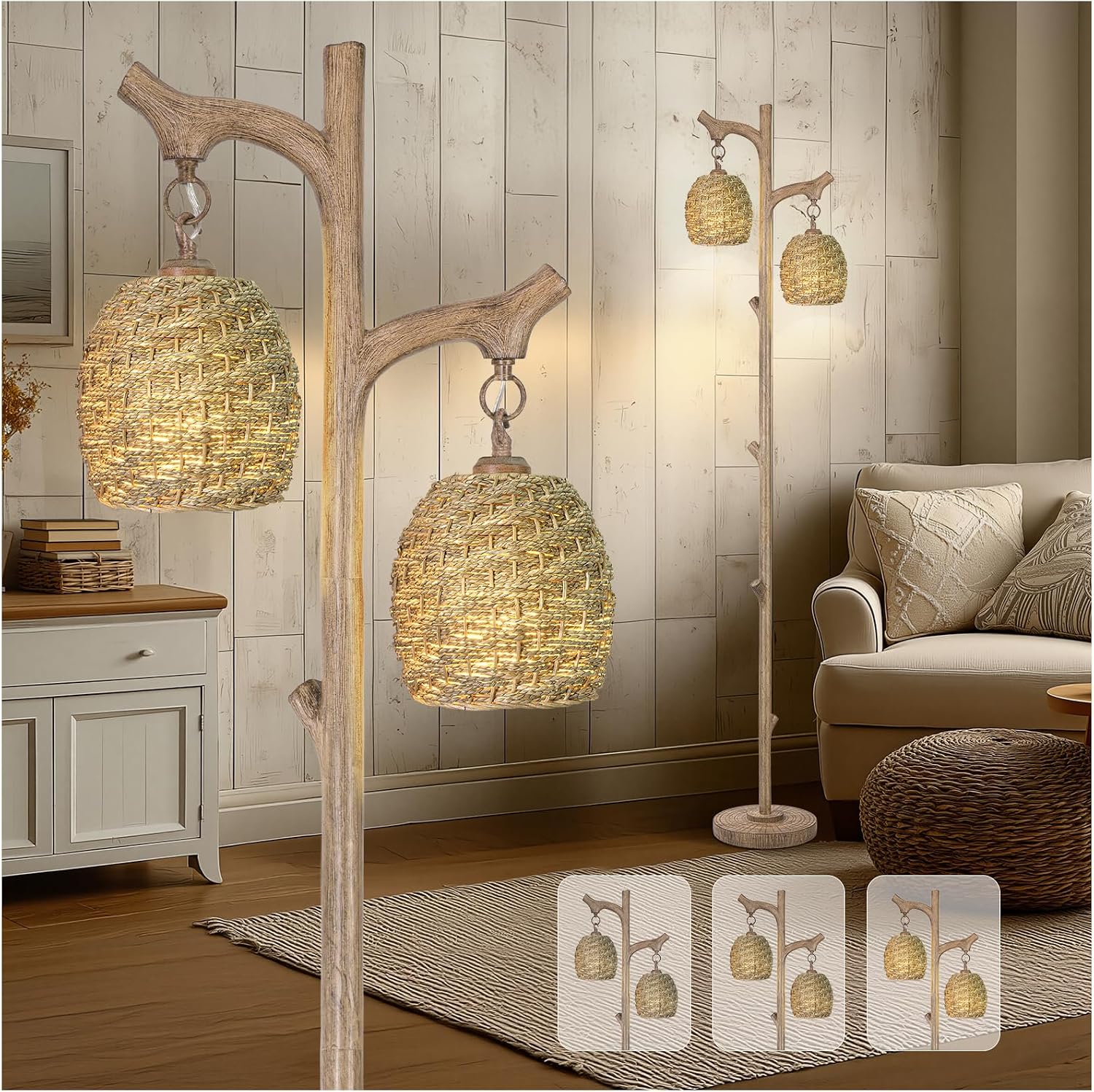 Scenekoy Vintage 68' Tall Floor Lamp with Straw Rope Woven Shade, Retro Resin Standing Lamp Tree Trunk Finish, Dimmable Corner Lamp Stand Up Light with Bulb Prefer for Living Room Bedroom Home Decor