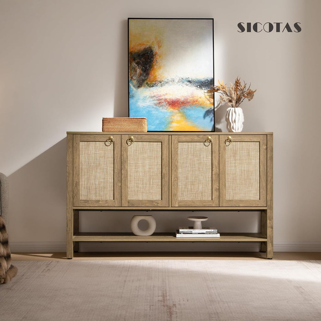SICOTAS 55' Cherry Sideboard Buffet Cabinet with Rattan Doors, Rustic Farmhouse Coffee Bar Cabinet with Open Shelf, Warm Wood Credenza & Console Table for Kitchen, Dining Room, Entryway