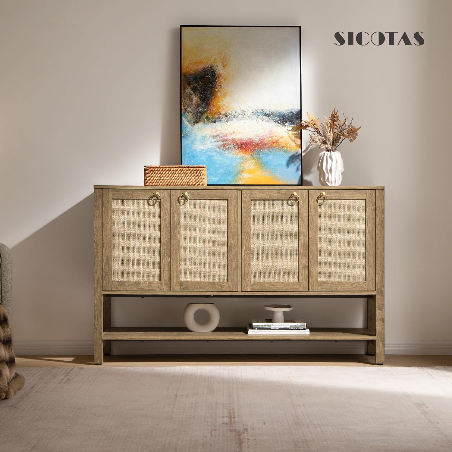 SICOTAS 55' Cherry Sideboard Buffet Cabinet with Rattan Doors, Rustic Farmhouse Coffee Bar Cabinet with Open Shelf, Warm Wood Credenza & Console Table for Kitchen, Dining Room, Entryway