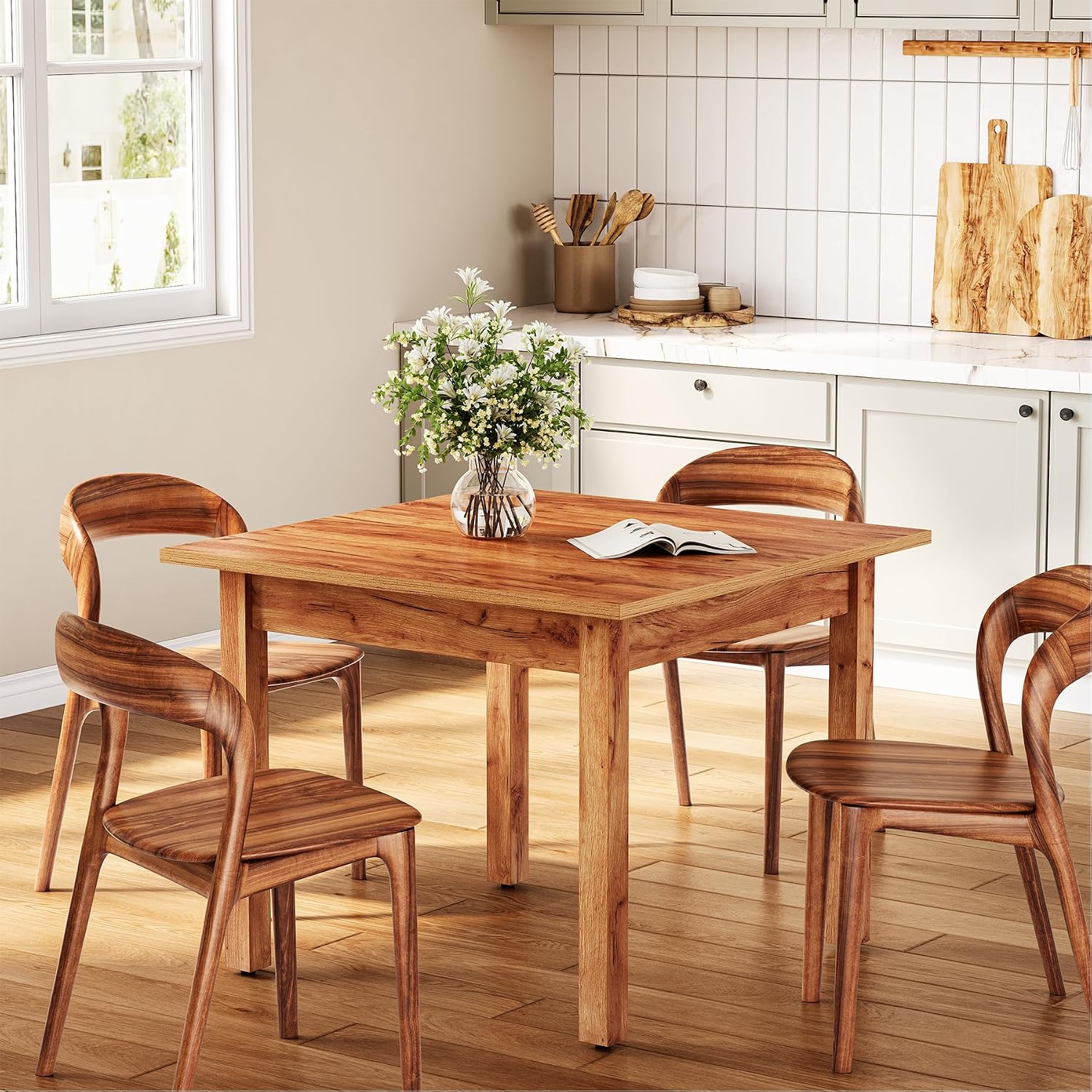 LITTLE TREE 39 Inches Square Dining Table for 4 People, Brown Wooden Kitchen Table Small Dinner Table, Modern Dining Room Tables for Living Room, Kitchen, Oak Brown