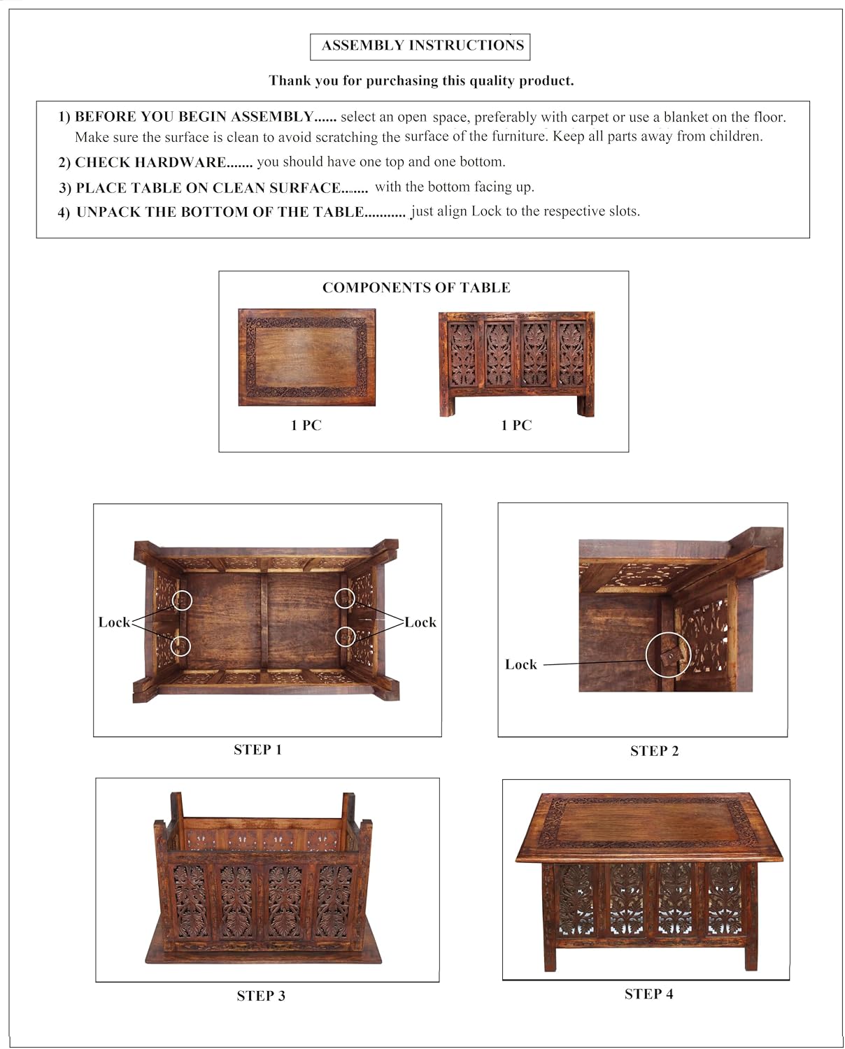COTTON CRAFT Solid Wood Coffee Table – Hand Carved Center Table with Foldable Legs – Decorative Table for Living Room Small Spaces Entryway Bedroom - No Tools Assembly - 30 x 20 x 18 - Antique Brown
