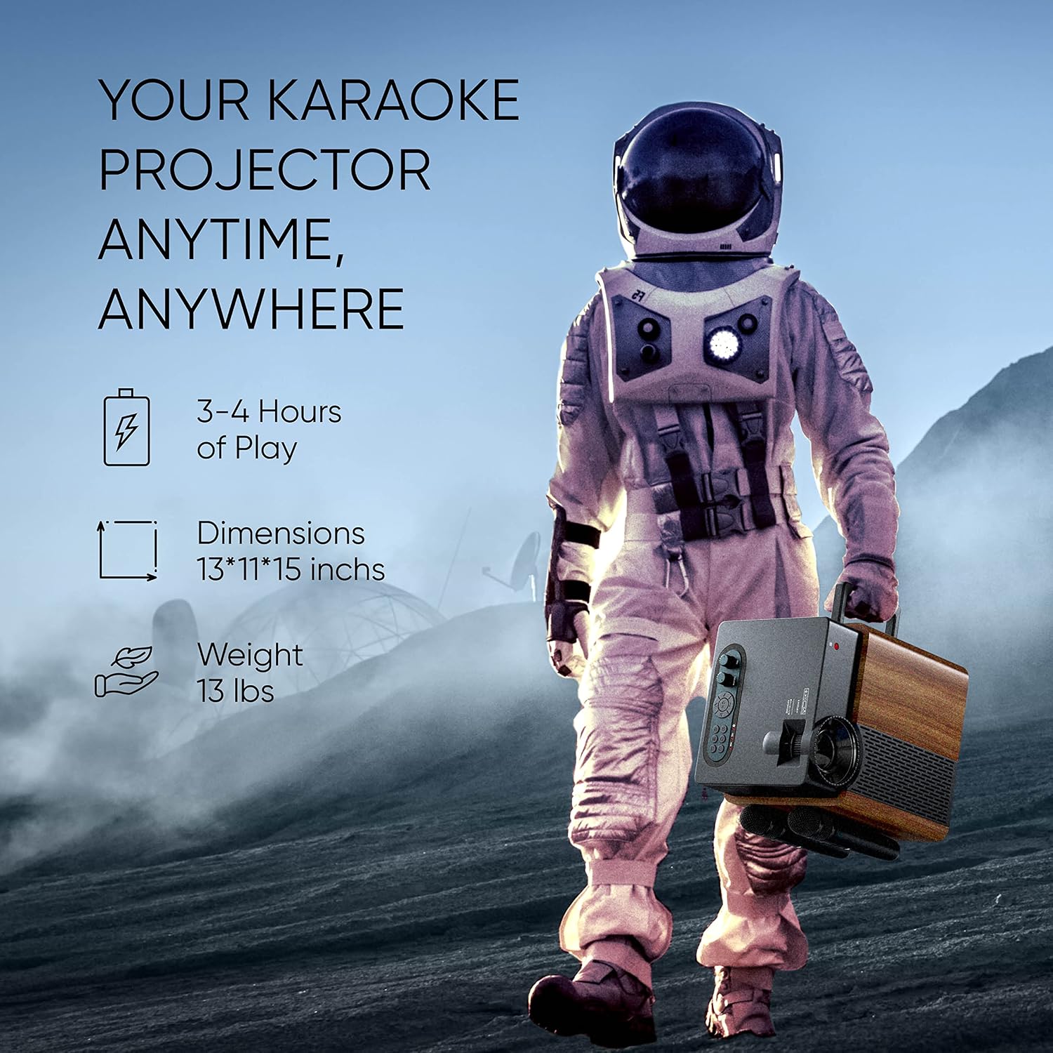 MASINGO 4-in-1 Portable Karaoke Machine with Smart 1080p Projector w/WiFi, Speaker & 2 Wireless Microphones. Built-in Android System for Lyrics Display Apps, Netflix, YouTube.