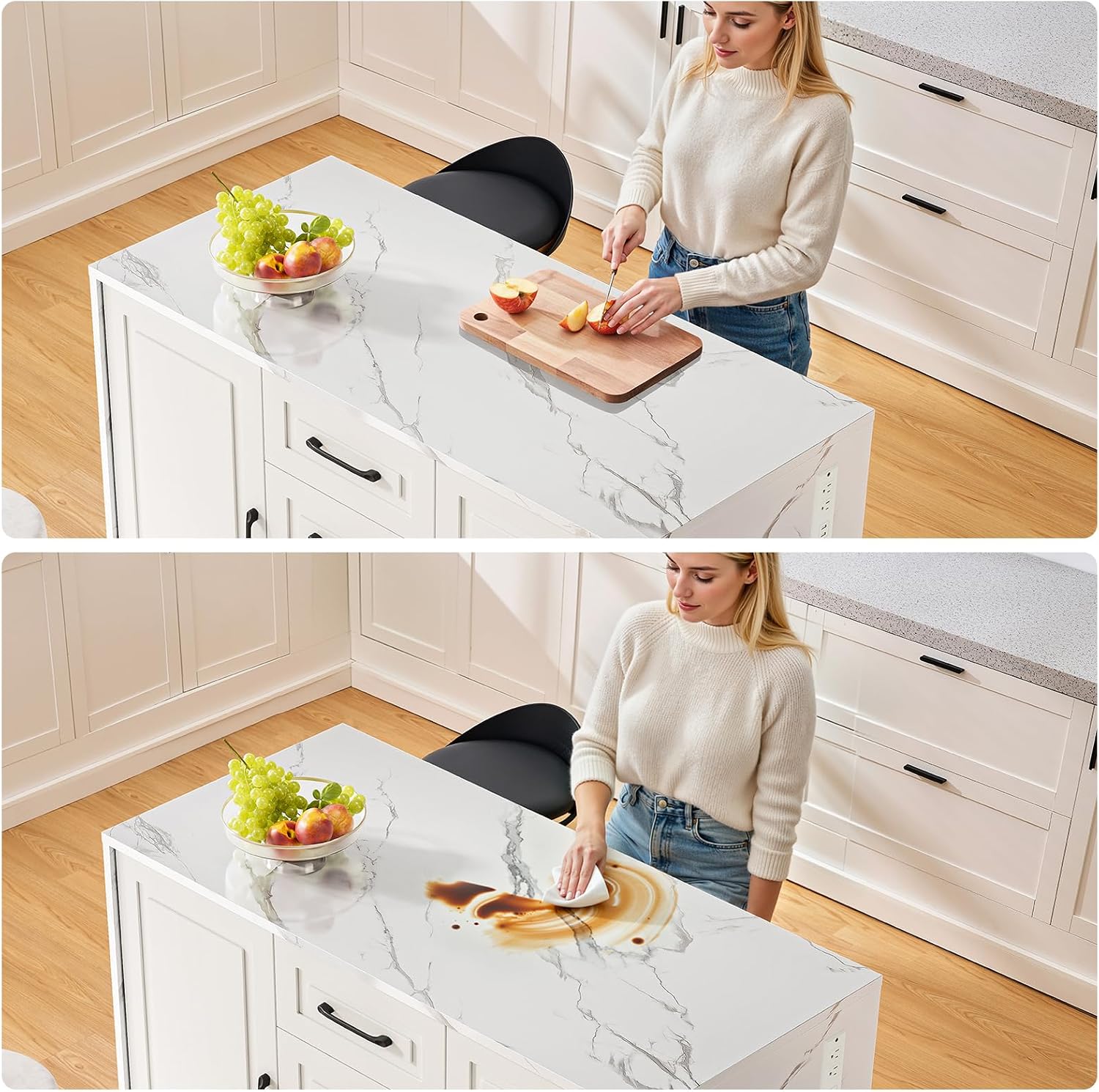 ONBRILL 47.3' Kitchen Island with 2 Storage Cabinets & 4 Drawers, Modern Imitation Marble Dining Table with Power Outlet, Island Bar Table for Kitchen, Dining Room, Living Room, White