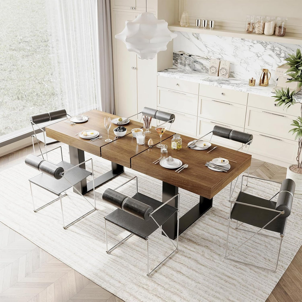 STHOUYN Farmhouse Rustic Extendable Dining Room Table for 8 10, 70.9' (86.6') x 31.5', Rectangular Dinner Table for 6-10, Mid Century Modern Expandable Retractable Wooden Kitchen Table (Brown)