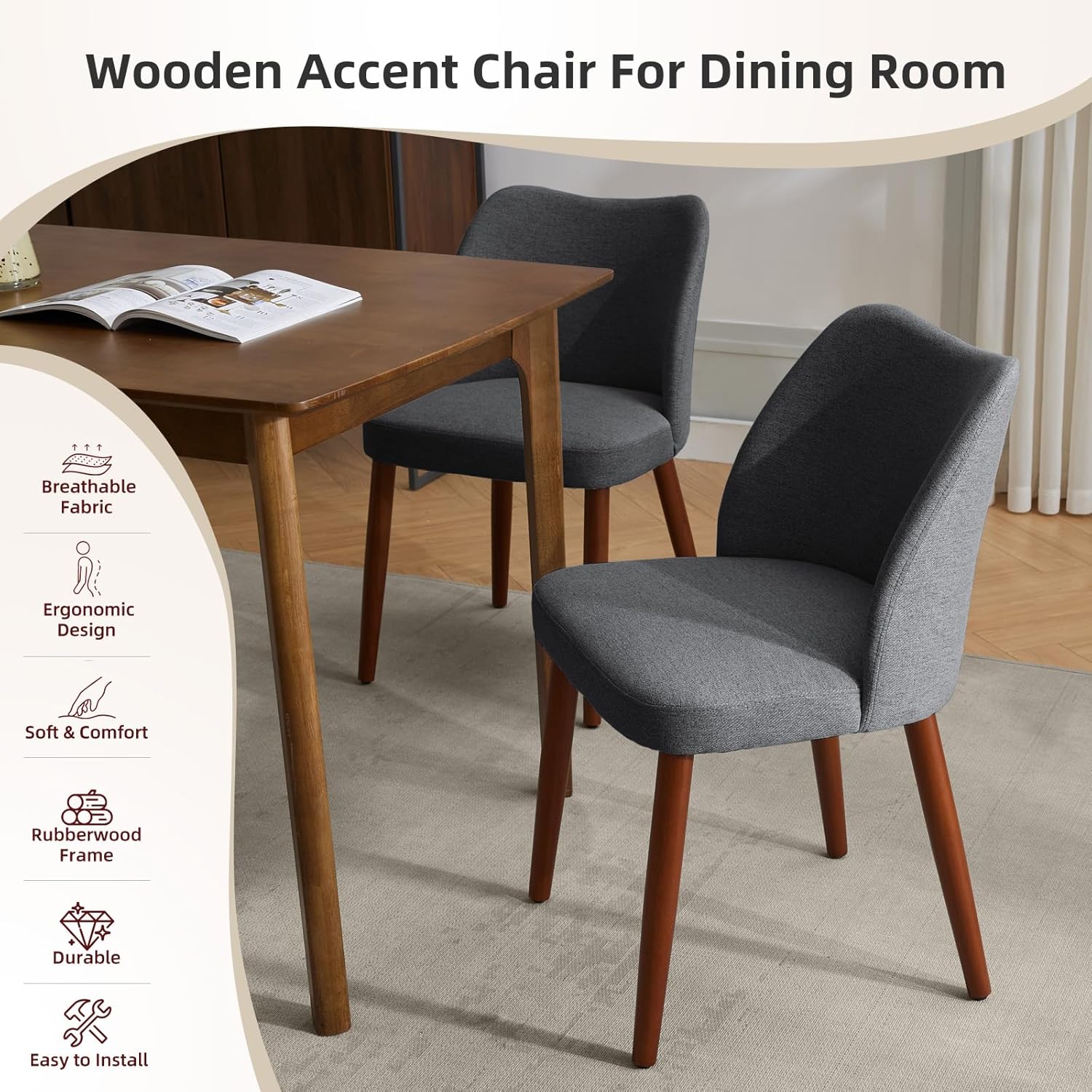 GarveeHome Linen Dining Chairs Set of 4 Upholstered Fabric Dining Chair with Wood Legs, Wing Backrest, Wooden Kitchen Chairs with Thick Cushions, Leveling Feet for Dining Room, Living Room, Dark Grey