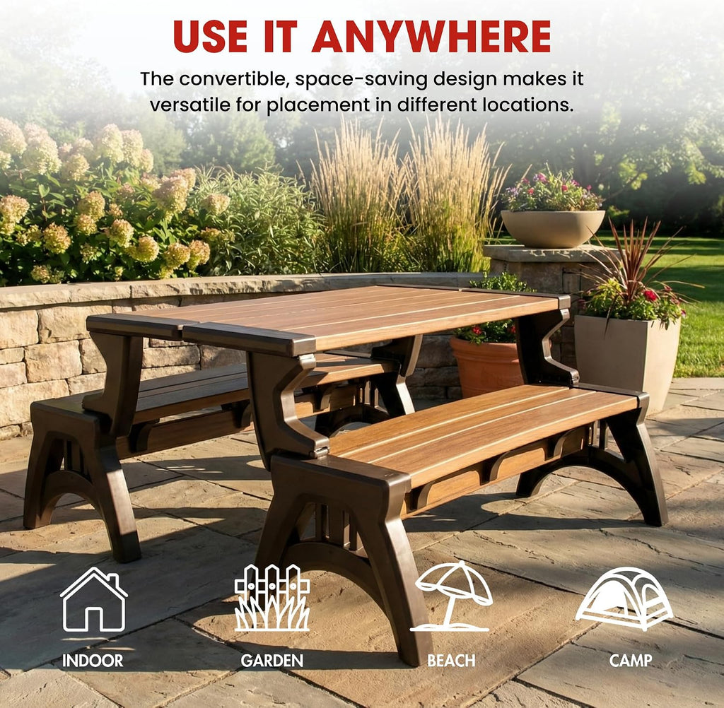 Convert-a-Bench 2-in-1 Outdoor Bench & Picnic Table - Foldable, Weather-Resistant Seating - Perfect for Patio, Lawn, Garden, or Deck - Durable & Easy Assembly - 1 Bench/Order, Espresso