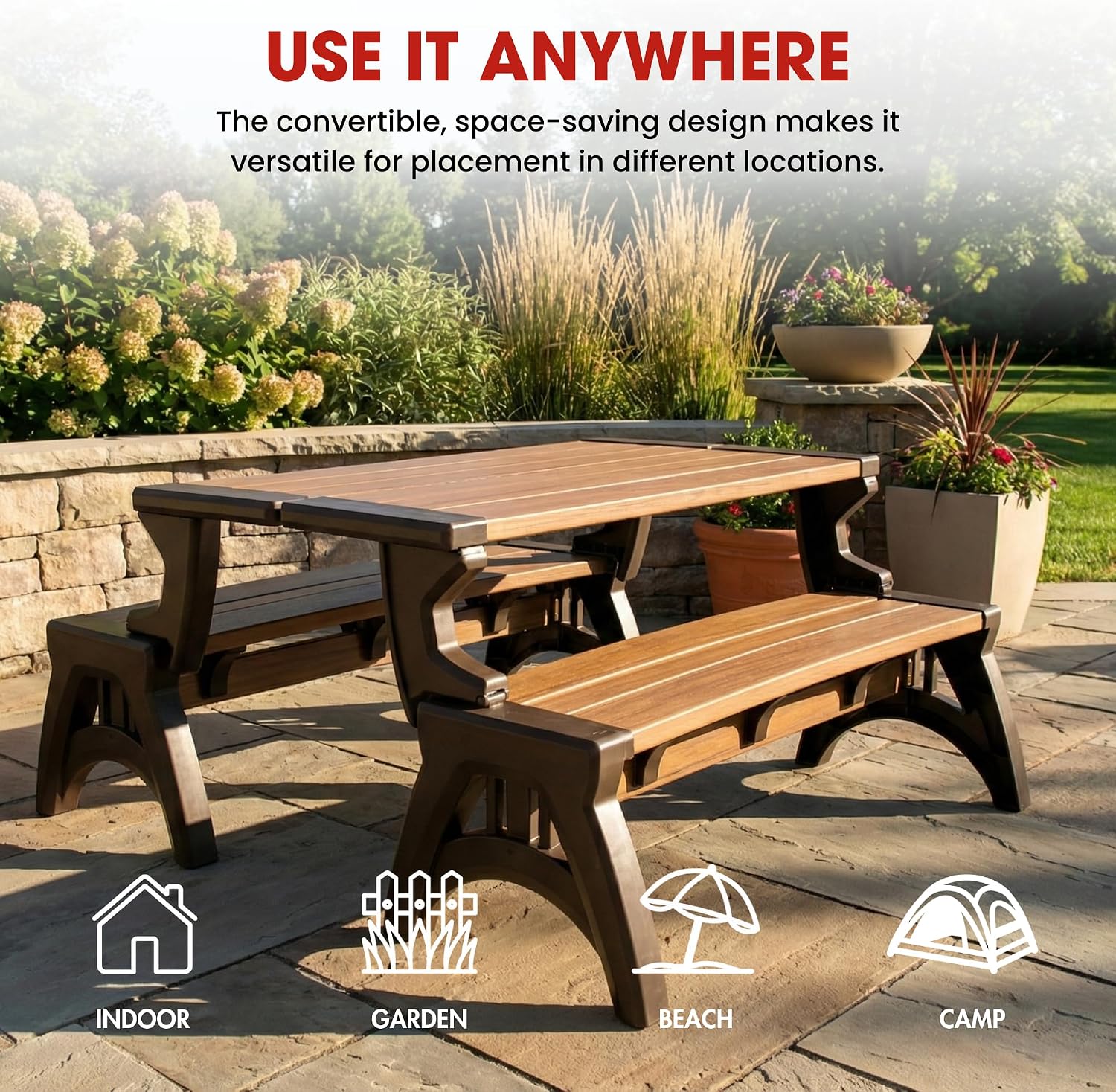 Convert-a-Bench 2-in-1 Outdoor Bench & Picnic Table - Foldable, Weather-Resistant Seating - Perfect for Patio, Lawn, Garden, or Deck - Durable & Easy Assembly - 1 Bench/Order, Espresso