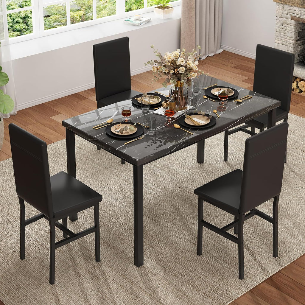 Hooseng Dining Table Set for 4, Modern Faux Marble Kitchen Table with 4 PU Leather Chairs, 5 Piece Dining Room Sets for Dinette, Breakfast Nook, Black